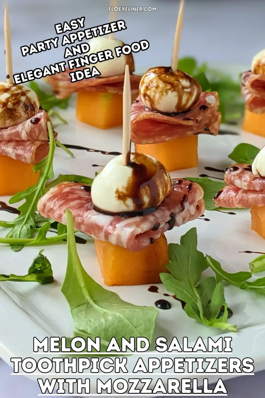 Melon and Salami Toothpick Appetizers With Mozzarella - easy fruit and cheese skewers made with melon, dried salami, and mini mozzarella balls served on a bed of arugula and topped with a balsamic glaze.