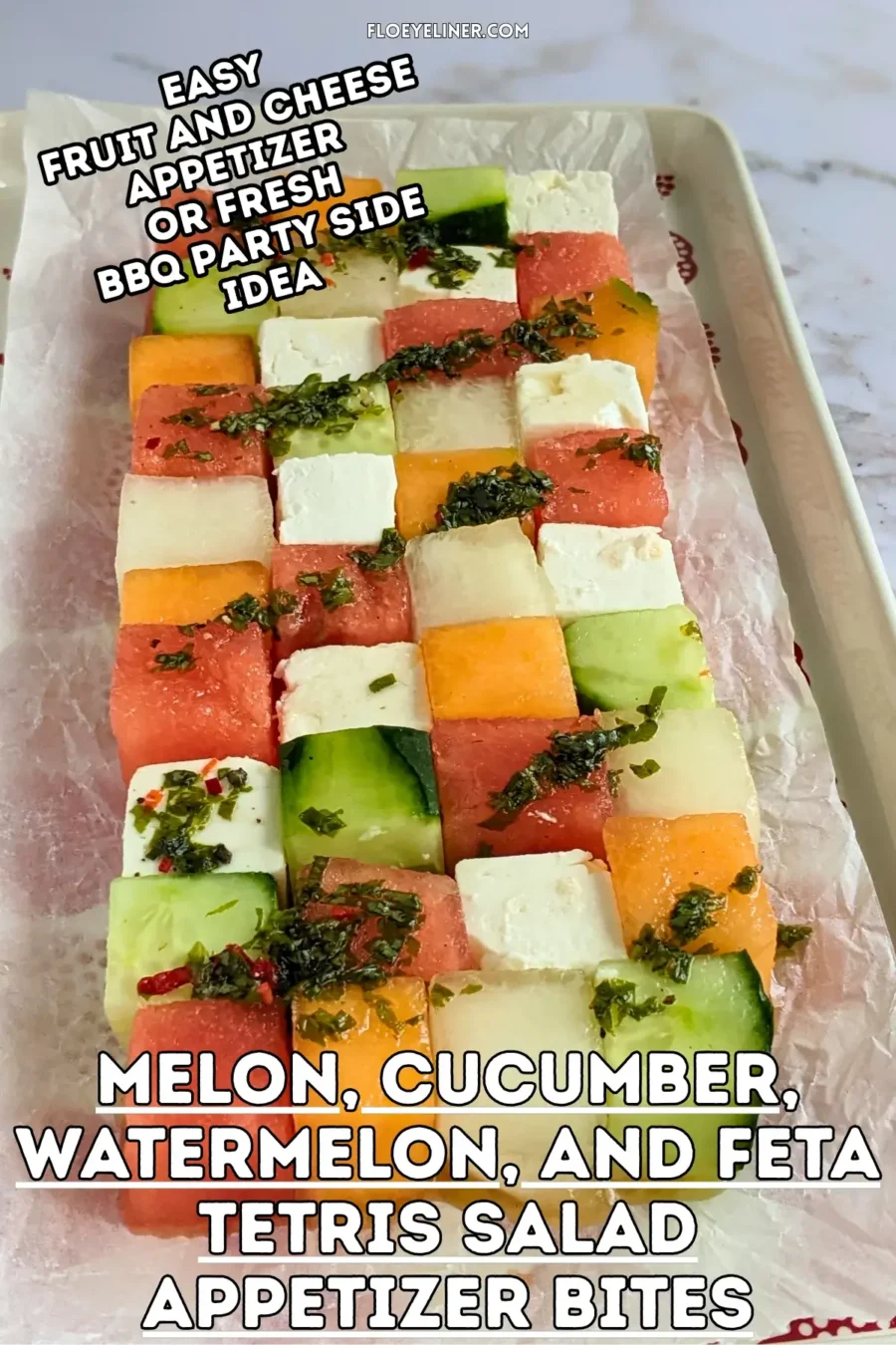 Melon Cucumber Watermelon and Feta Tetris Salad Appetizer Bites - easy fruit and cheese appetizer board with cubed melon, cucumber, watermelon and feta arranged as a grid and Tetris salad with a drizzle of spicy mint vinaigrette.