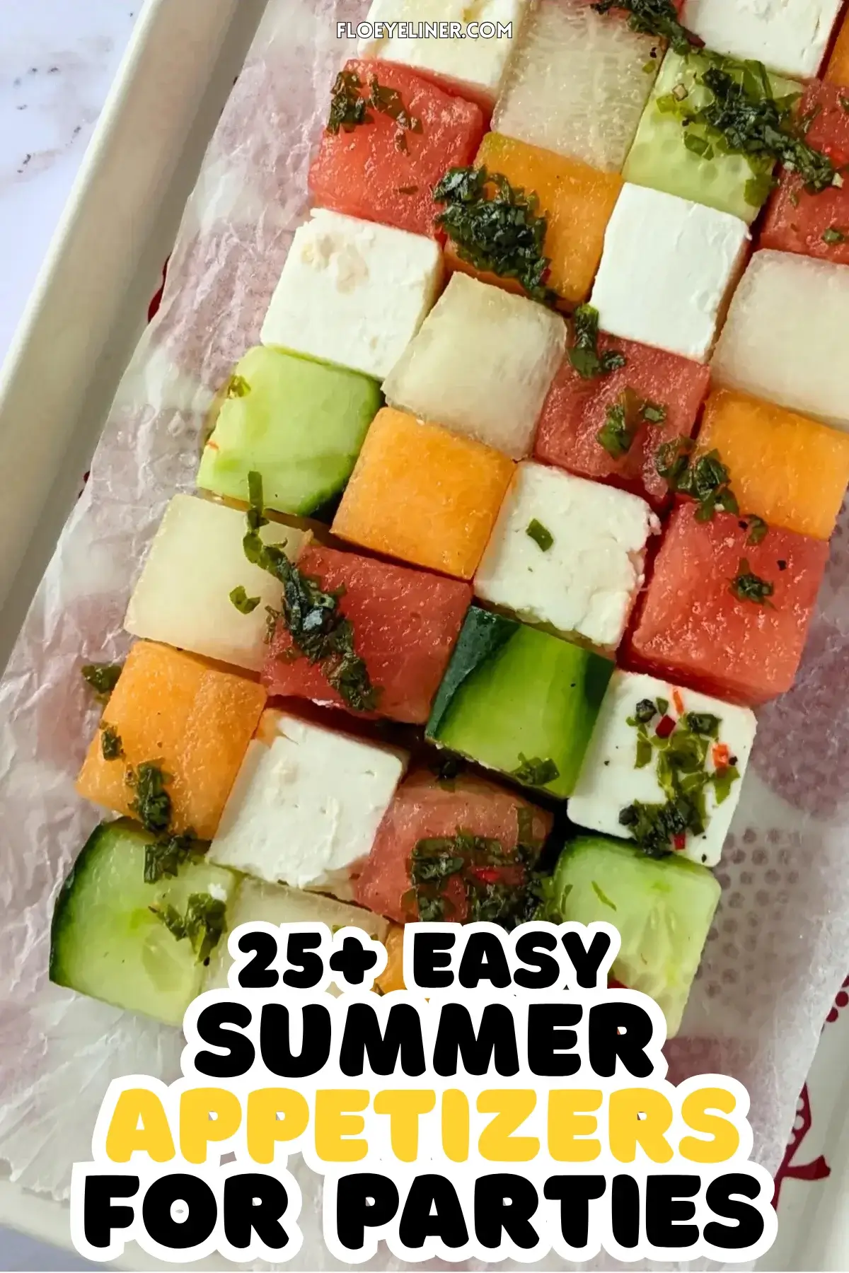 Melon Cucumber Watermelon and Feta Tetris Salad Appetizer Bites - easy fruit and cheese appetizer board with cubed melon, cucumber, watermelon and feta arranged as a grid and Tetris salad with a drizzle of spicy mint vinaigrette.