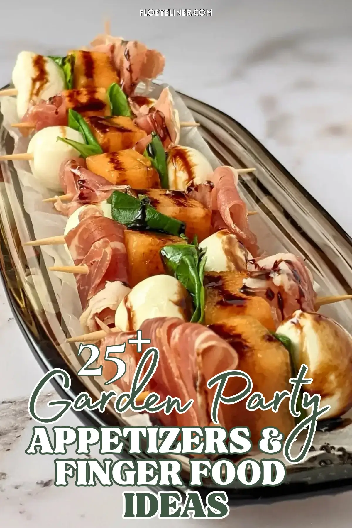 Melon Prosciutto Mozzarella Skewers With Balsamic Glaze - easy toothpick appetizers and finger foods made with melon, prosciutto & mini mozzarella balls, topped with a balsamic glaze.