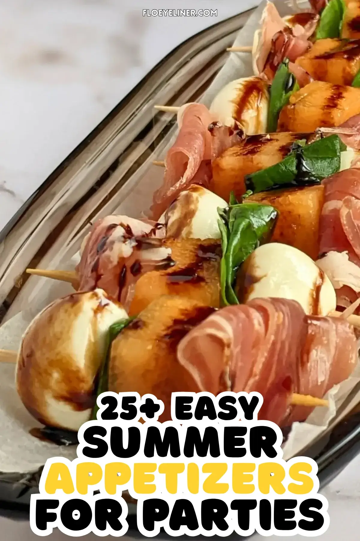 Melon Prosciutto Mozzarella Skewers With Balsamic Glaze - easy toothpick appetizers and finger foods made with melon, prosciutto & mini mozzarella balls, topped with a balsamic glaze.