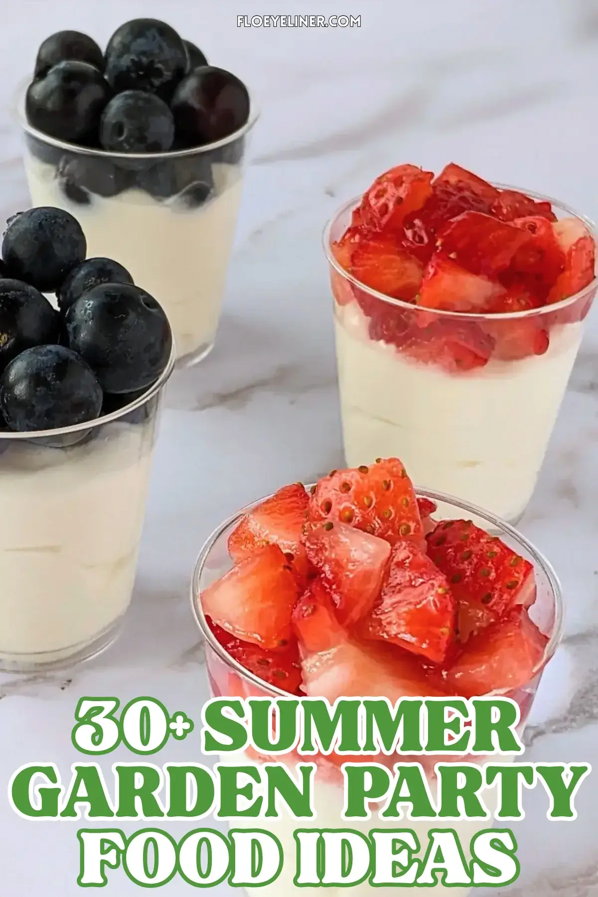 Mini Dessert Shooters With Blueberries and Strawberries - easy mini desserts in shot glasses with a layer of mascarpone and Greek yogurt filling and topped with either fresh strawberries or blueberries.