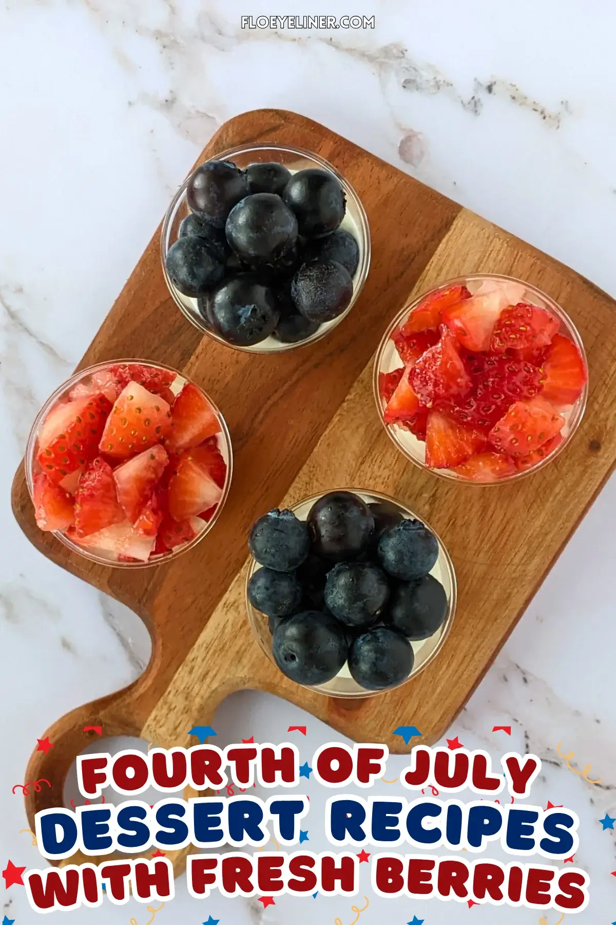 Mini Dessert Shooters With Blueberries and Strawberries - easy mini desserts in shot glasses with a layer of mascarpone and Greek yogurt filling and topped with either fresh strawberries or blueberries.