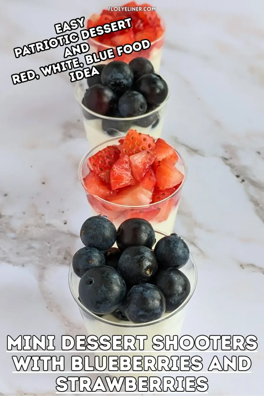 Mini Dessert Shooters With Blueberries and Strawberries - easy mini desserts in shot glasses with a layer of mascarpone and Greek yogurt filling and topped with either fresh strawberries or blueberries.