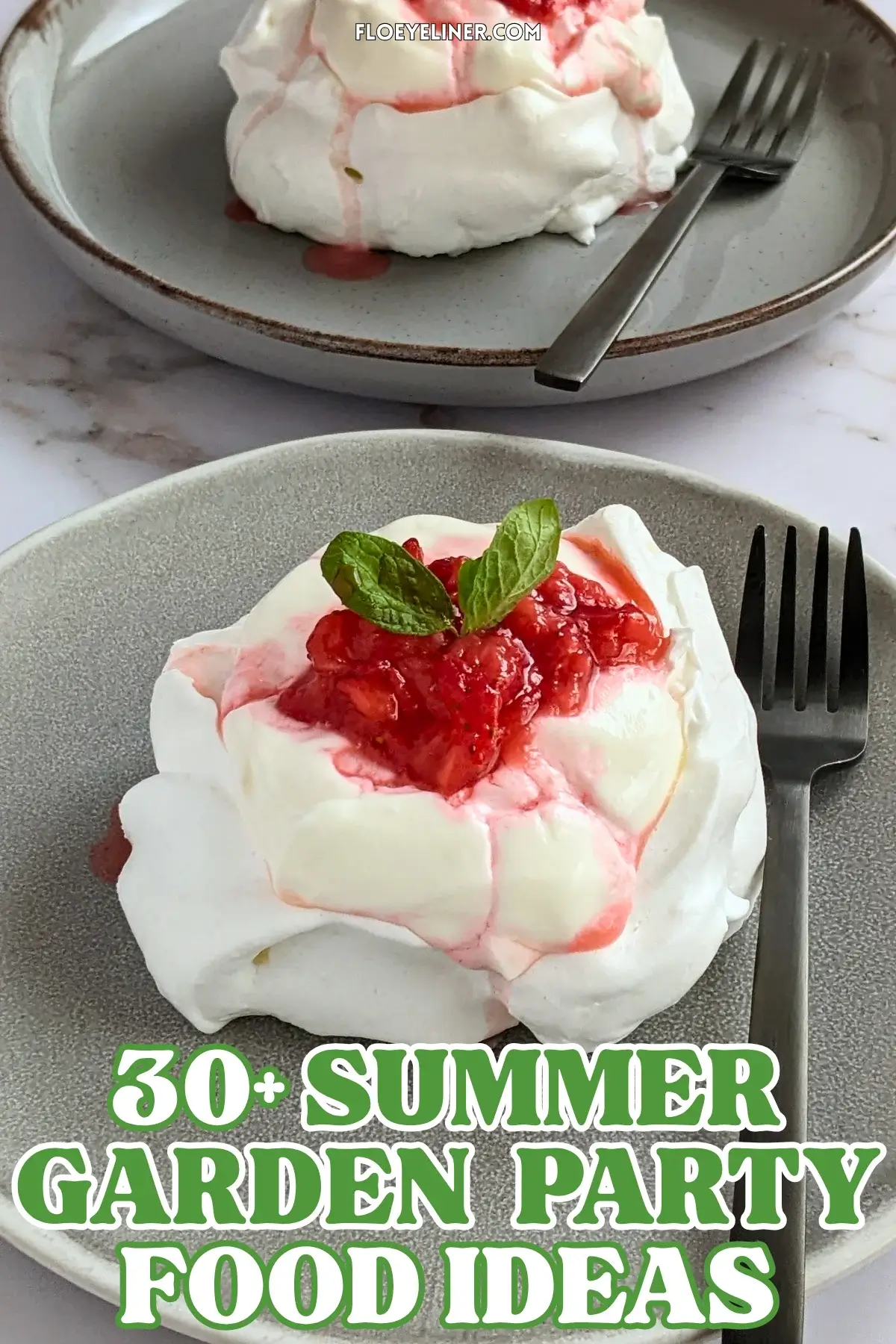 Mini Strawberry Pavlovas With Whipped Greek Yogurt - mini pavlova nests filled with freshly crushed strawberries and a whipped cream-Greek yogurt mix, topped with more crushed strawberries and strawberry juice for garnish.
