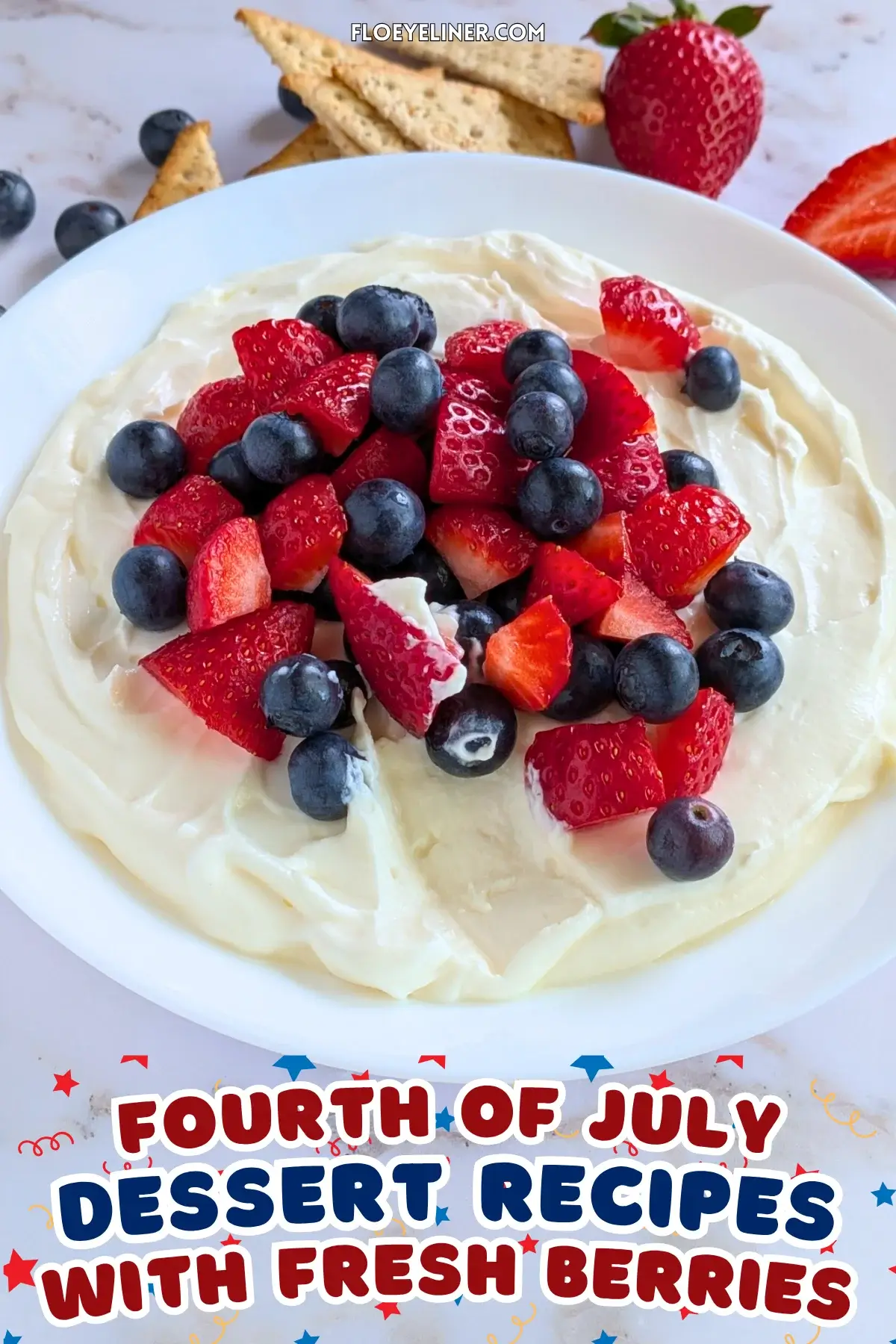 Mixed Berry Cheesecake Dessert Dip - fluffy cheesecake dip dessert made with cream cheese, heavy whipping cream, Greek yogurt, and topped with fresh strawberries and blueberries.