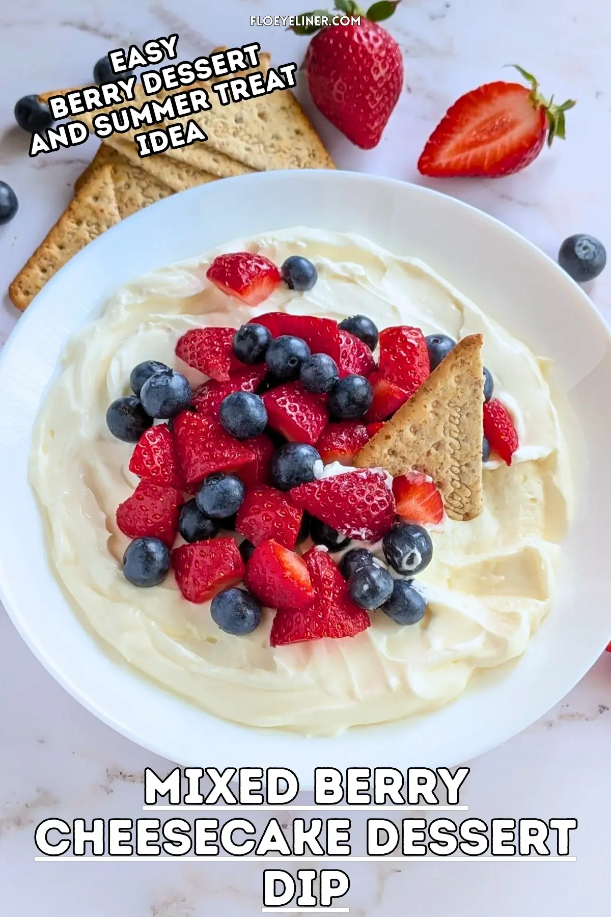 Mixed Berry Cheesecake Dessert Dip - fluffy cheesecake dip dessert made with cream cheese, heavy whipping cream, Greek yogurt, and topped with fresh strawberries and blueberries.