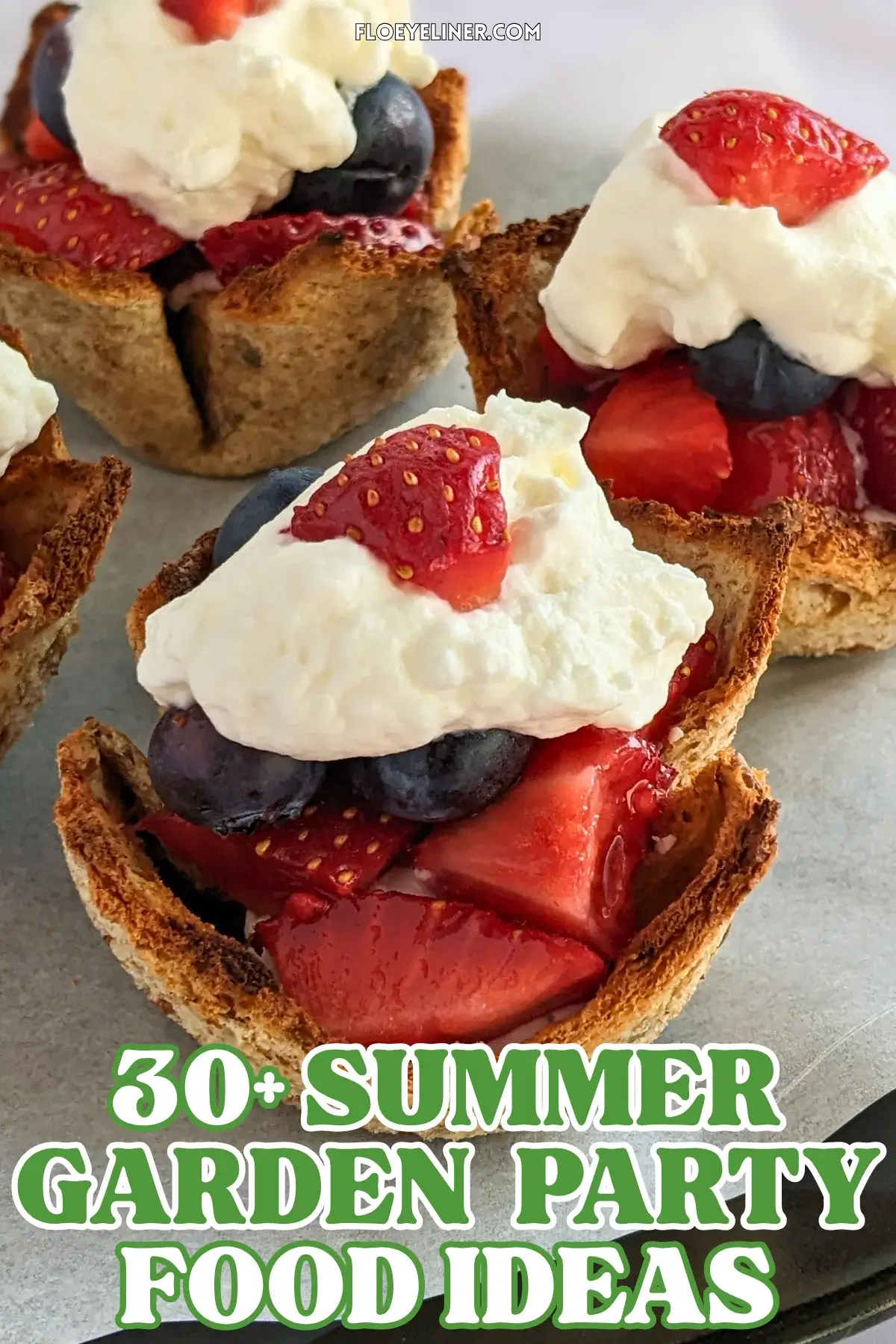 Mixed Berry Dessert Toast Cups With Whipped Cream - muffin-tin baked mini dessert cups made from white bread, filled with a spoon of sweet ricotta and mixed berries like strawberries and blueberries, topped with whipped cream.