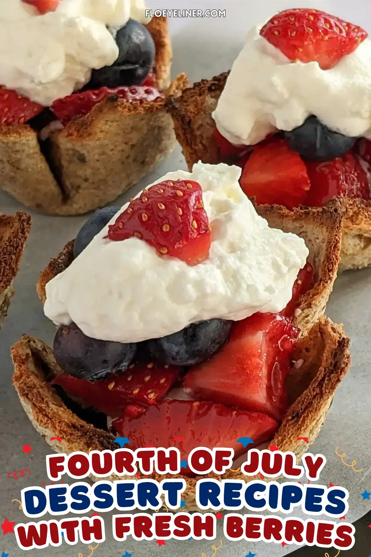 Mixed Berry Dessert Toast Cups With Whipped Cream - muffin-tin baked mini dessert cups made from white bread, filled with a spoon of sweet ricotta and mixed berries like strawberries and blueberries, topped with whipped cream.