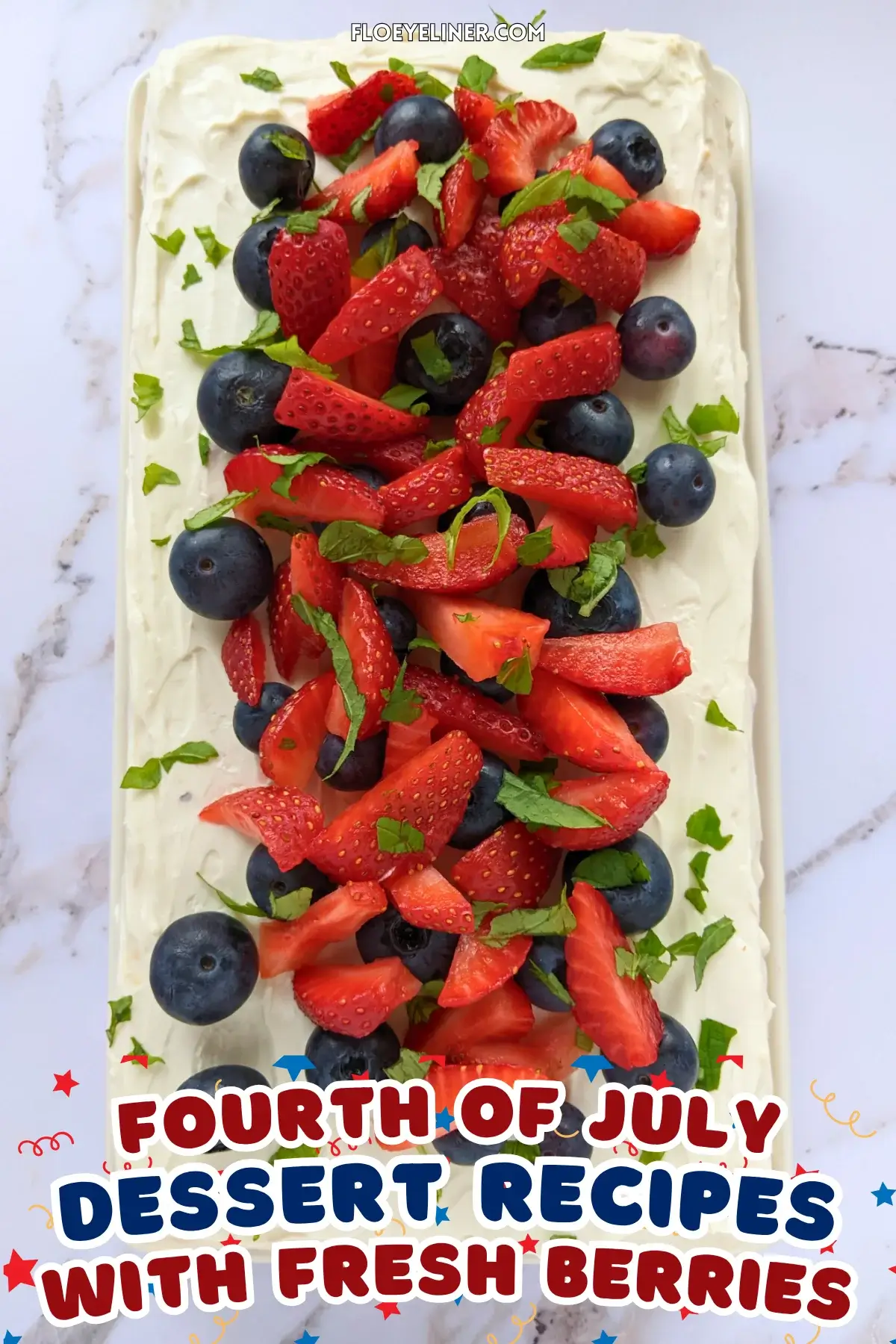 Mixed Berry Layer Cake With Mascarpone Greek Yogurt Frosting - triple-layer sponge cake with a blueberry-strawberry filling and mascarpone-Greek yogurt frosting, topped with fresh strawberries and blueberries.