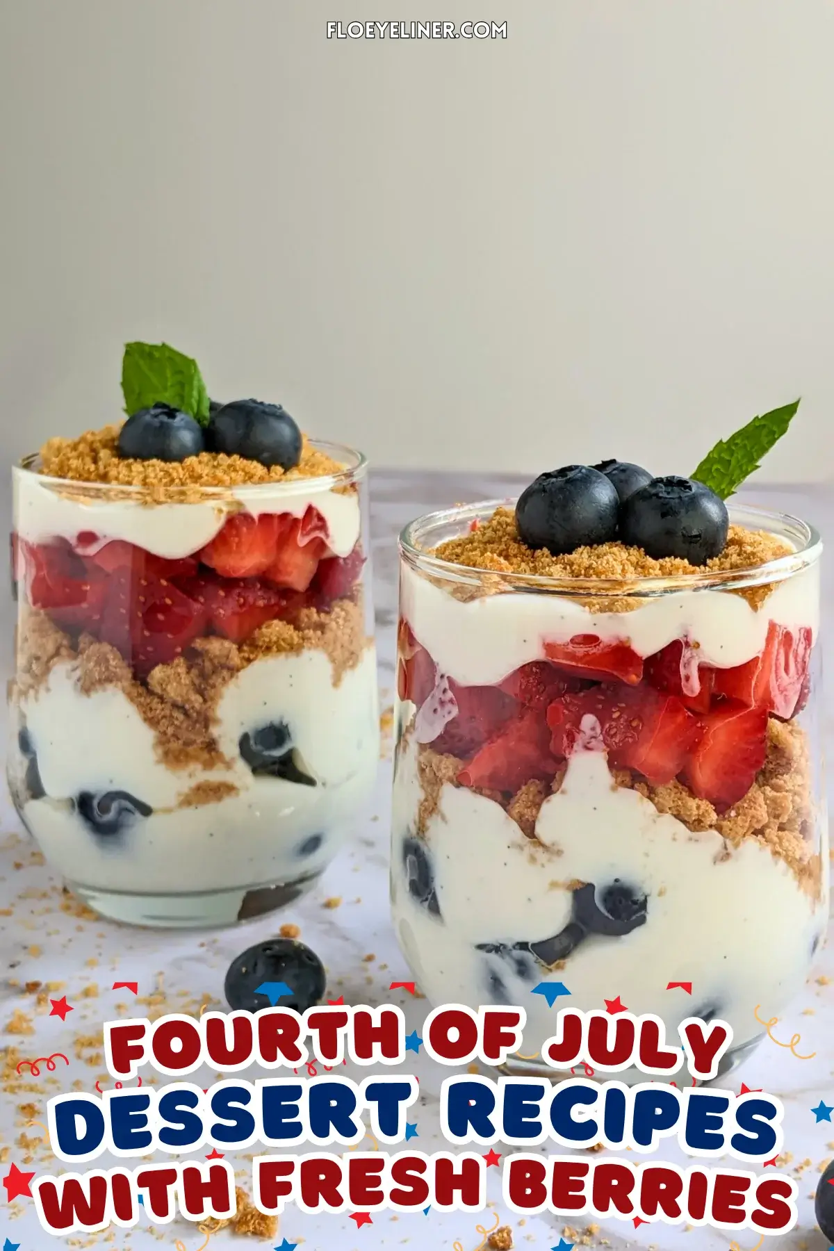 Mixed Berry Parfait Cups With Greek Yogurt - blueberry and strawberry parfait cups with layers of Greek yogurt, fresh berries, and oat cookies.