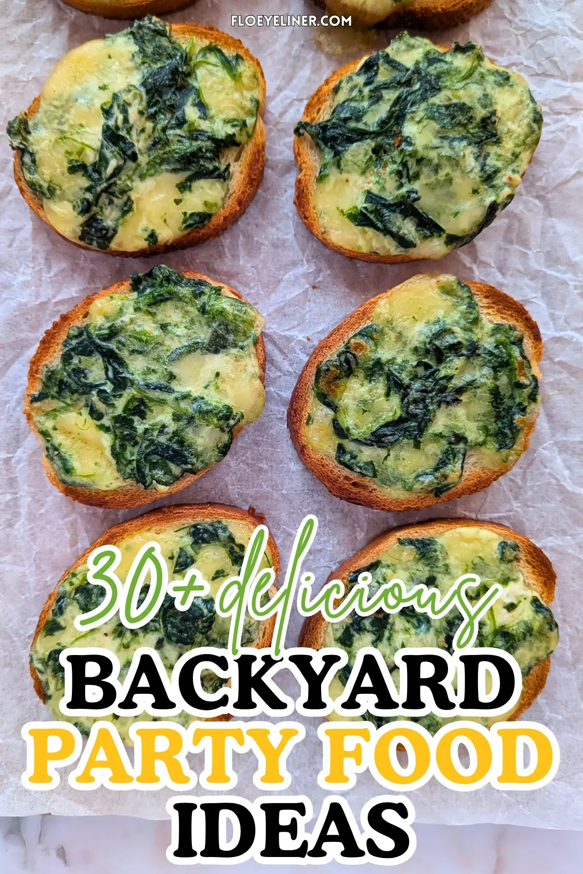 Mozzarella and Spinach Crostini Appetizers - oven baked mini toasts topped with a creamy, cheesy mozzarella, cream cheese, and spinach spread.