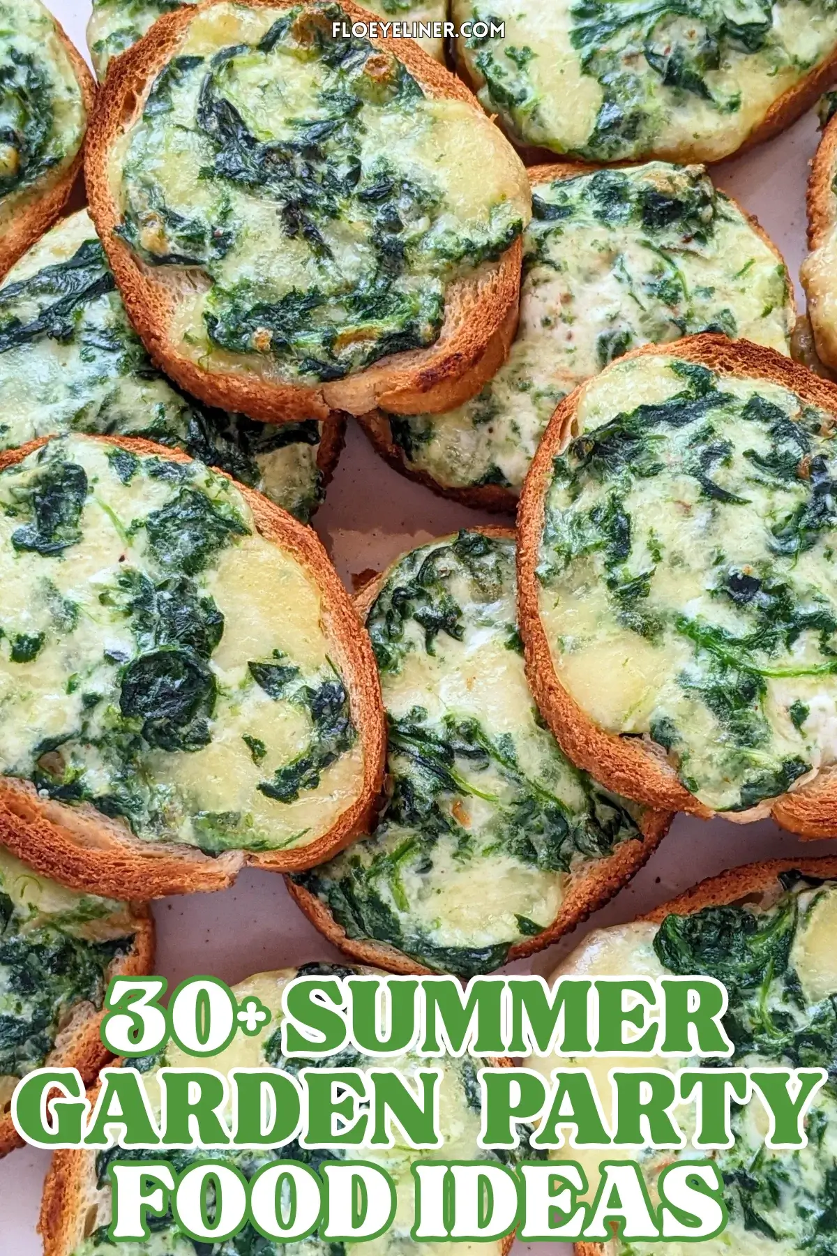 Mozzarella and Spinach Crostini Appetizers - oven baked mini toasts topped with a creamy, cheesy mozzarella, cream cheese, and spinach spread.