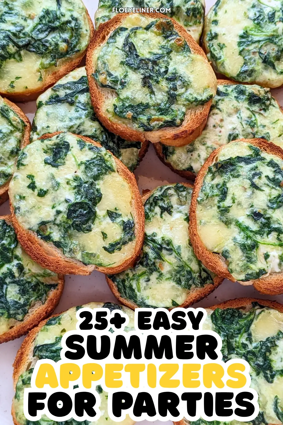 Mozzarella and Spinach Crostini Appetizers - oven baked mini toasts topped with a creamy, cheesy mozzarella, cream cheese, and spinach spread.