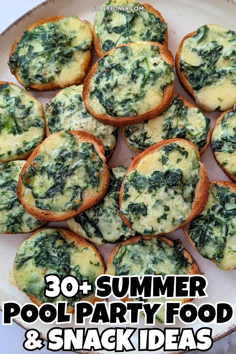 Mozzarella and Spinach Crostini Appetizers - oven baked mini toasts topped with a creamy, cheesy mozzarella, cream cheese, and spinach spread.