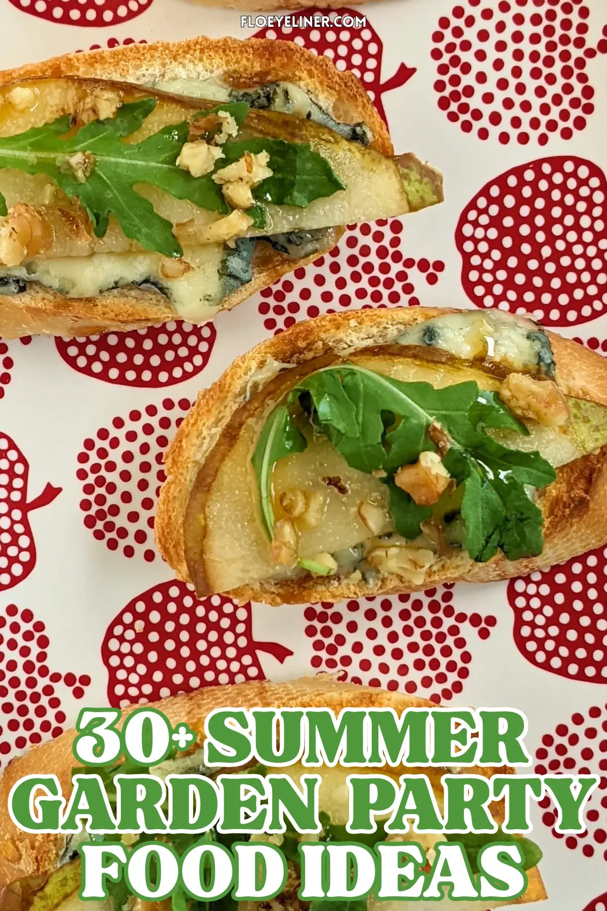 Pear and Blue Cheese Crostini Appetizers - Crostini appetizers with pear and blue cheese, topped with arugula, crushed walnuts, and maple syrup.