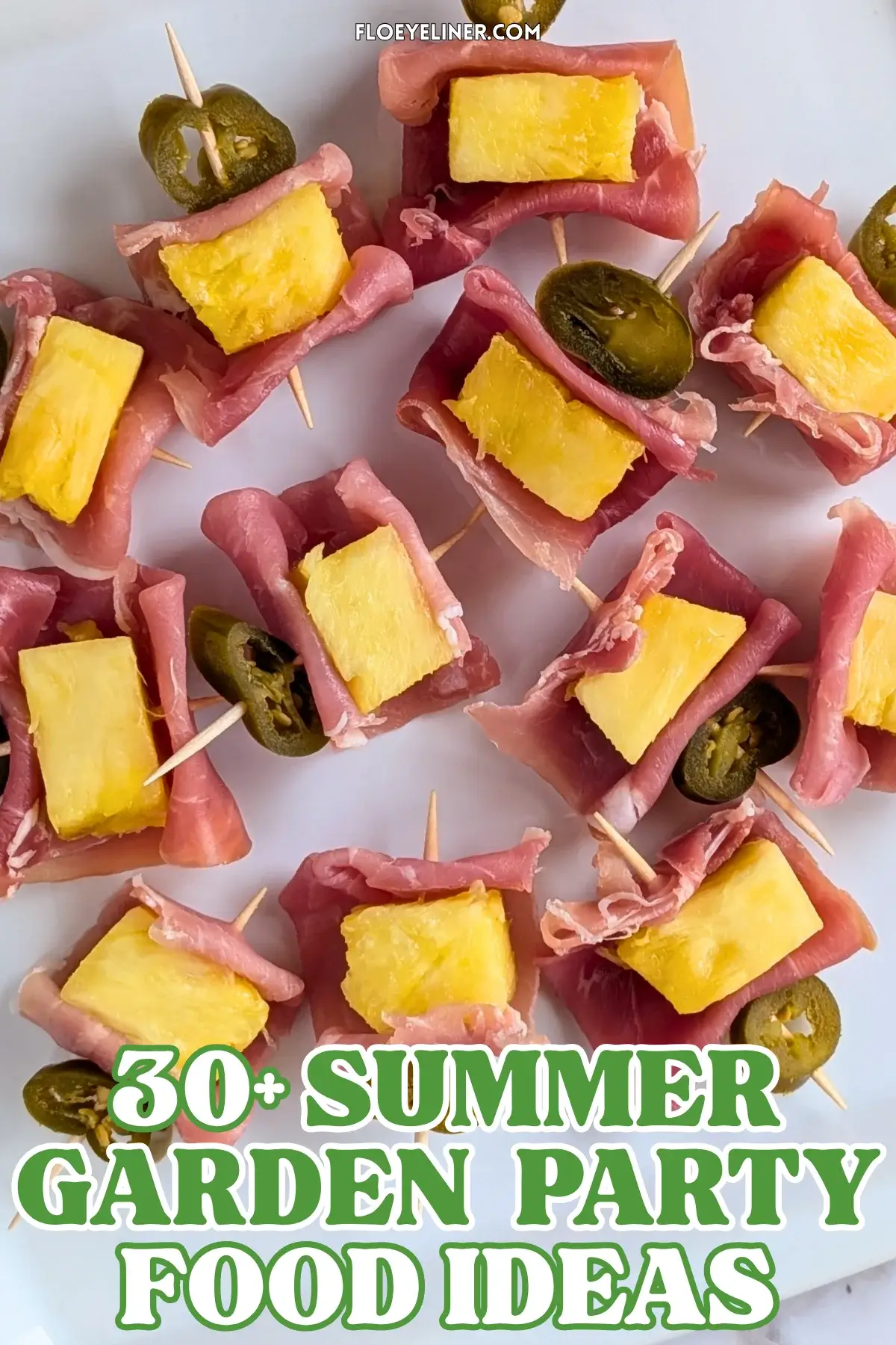 Pineapple and Prosciutto Toothpick Appetizers With Jalapenos - elegant party bites made with prosciutto wrapped fresh pineapple chunks and pickled jalapeno slices on toothpicks.