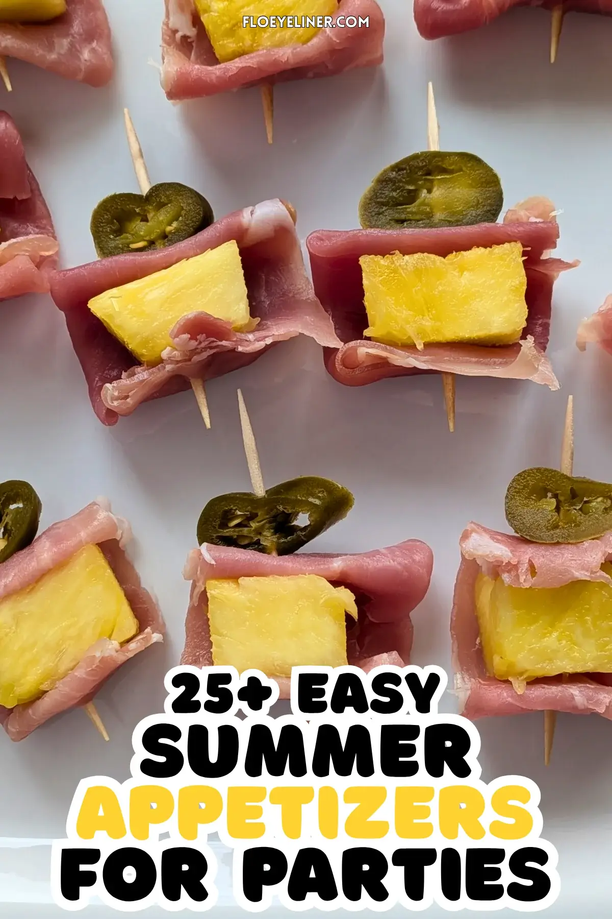 Pineapple and Prosciutto Toothpick Appetizers With Jalapenos - elegant party bites made with prosciutto wrapped fresh pineapple chunks and pickled jalapeno slices on toothpicks.