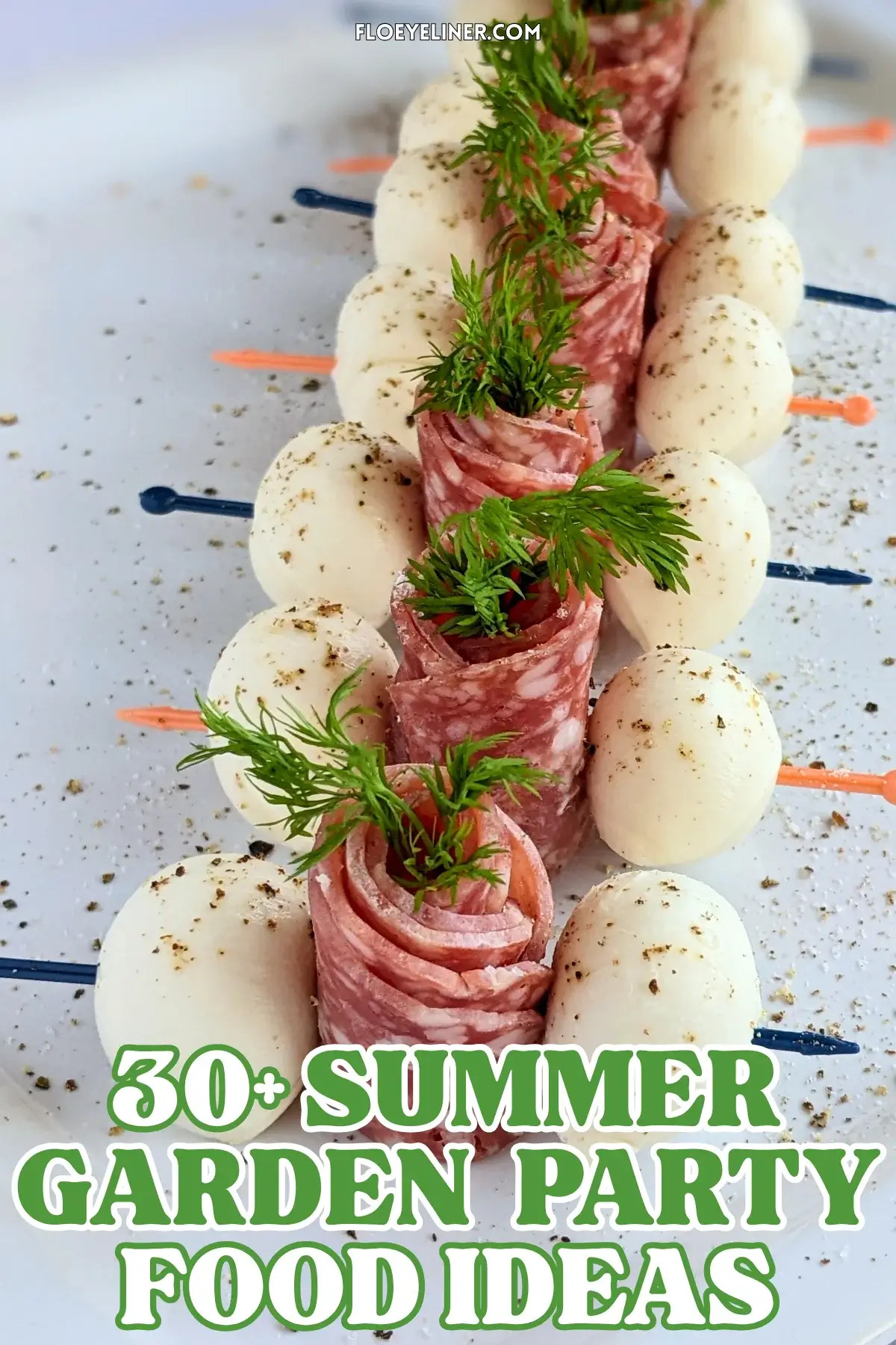 Salami Rose and Mozzarella Toothpick Appetizers - easy party finger food on toothpicks made with slices of salami rolled up into roses and mini mozzarella balls.