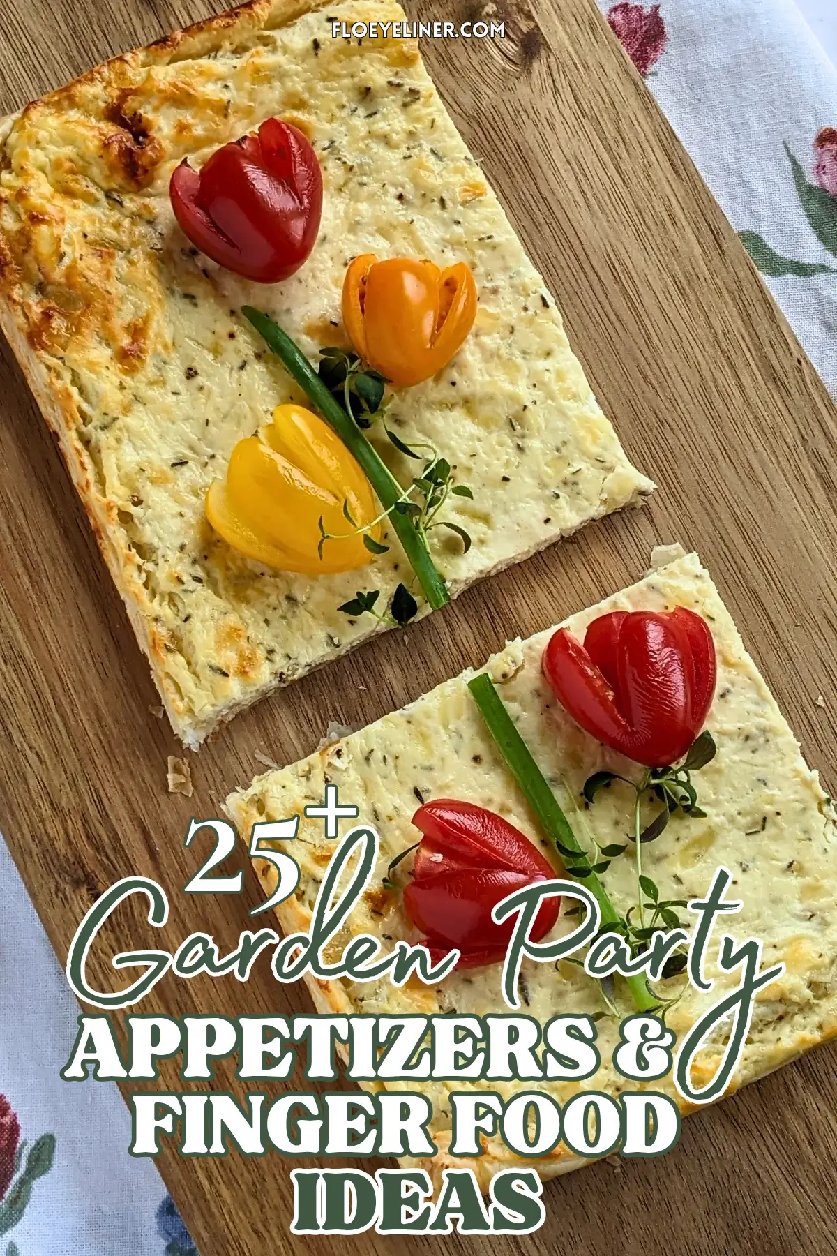 Savory Ricotta Puff Pastry Tart With Cherry Tomato Flowers - spring-themed puff pastry appetizer or dinner tart topped with a garlicky ricotta and grated Pecorino and cheese filling, topped with fresh red, orange, and yellow cherry tomatoes cut into shapes of tulips with green onions for stems and fresh thyme sprigs for leaves.