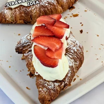 Strawberry Cheesecake Croissants - easy strawberry desserts made with store-bought croissants cut open from the top and filled with a creamy cheesecake filling, layered with fresh strawberries and another generous layer of cheesecake filling, topped with fresh strawberries and powdered sugar for garnish.