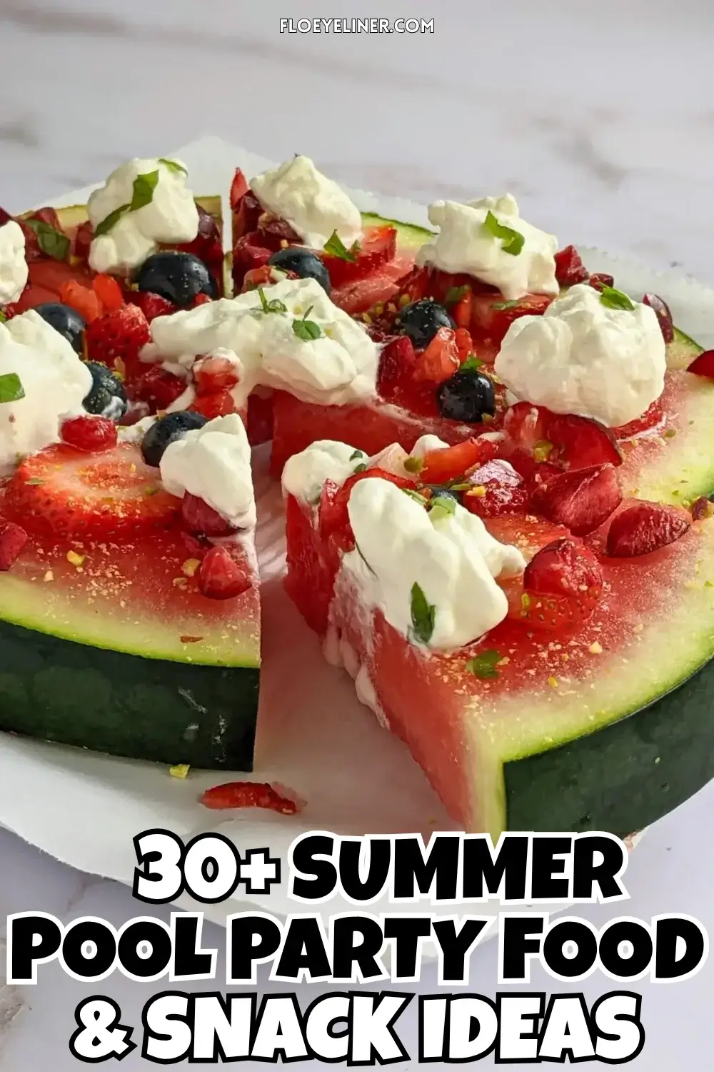 Watermelon Fruit Pizza With Berries and Whipped Cream - fruity dessert pizza on a base of a fresh watermelon slice, topped with blueberries, strawberries, cherries, dollops of whipped cream, and crushed pistachios.