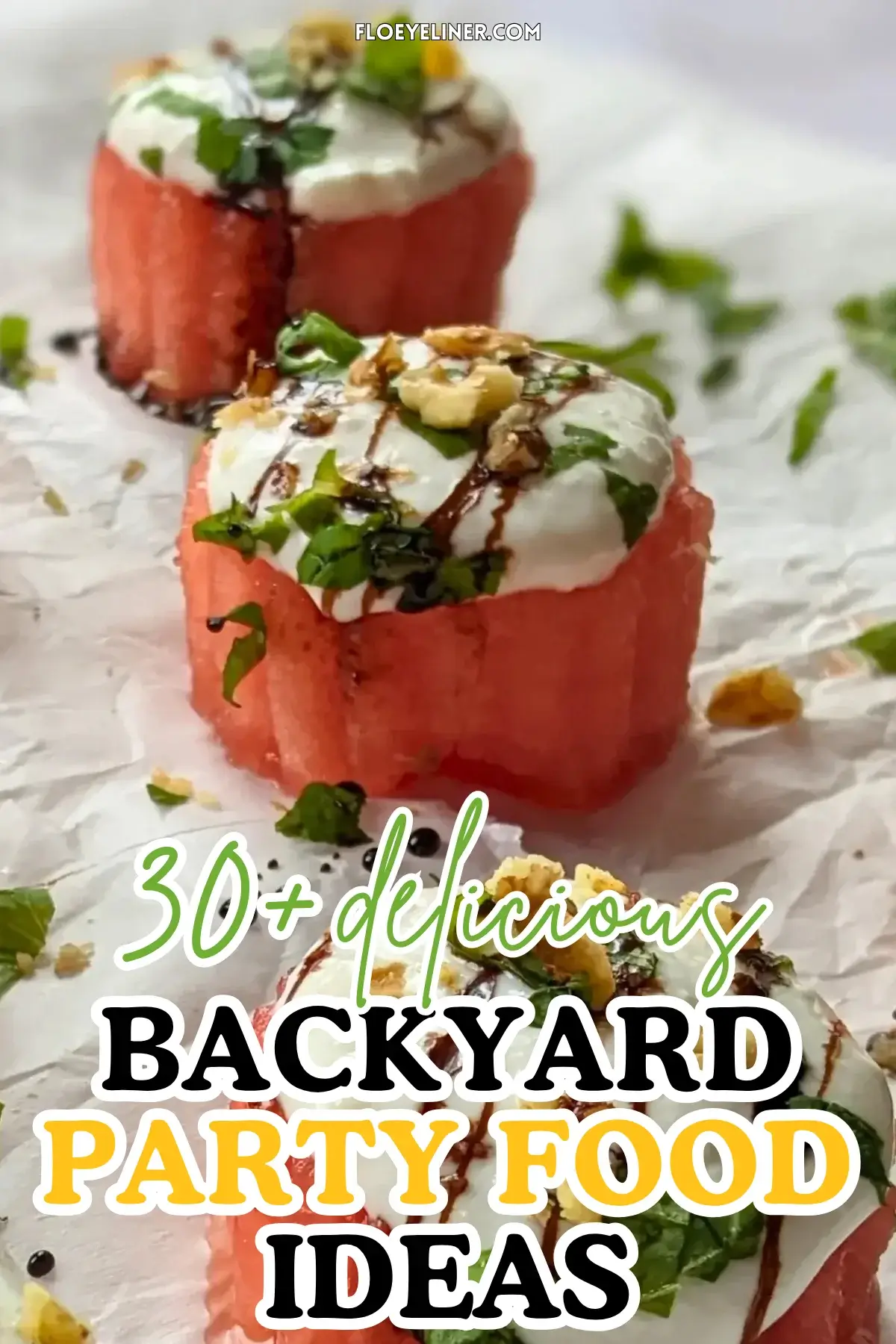 Watermelon Goat Cheese Appetizers - fresh watermelon bites topped with a whipped goat cheese-Greek yogurt cream, served with balsamic glaze, fresh mint, and crushed walnuts.
