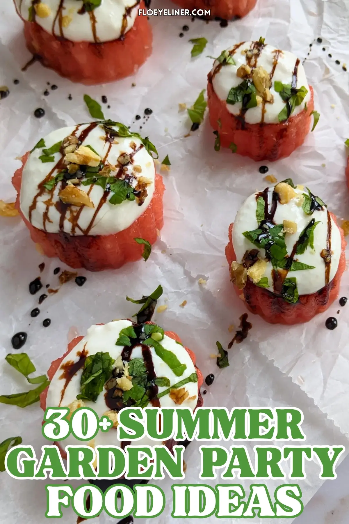 Watermelon Goat Cheese Appetizers - fresh watermelon bites topped with a whipped goat cheese-Greek yogurt cream, served with balsamic glaze, fresh mint, and crushed walnuts.