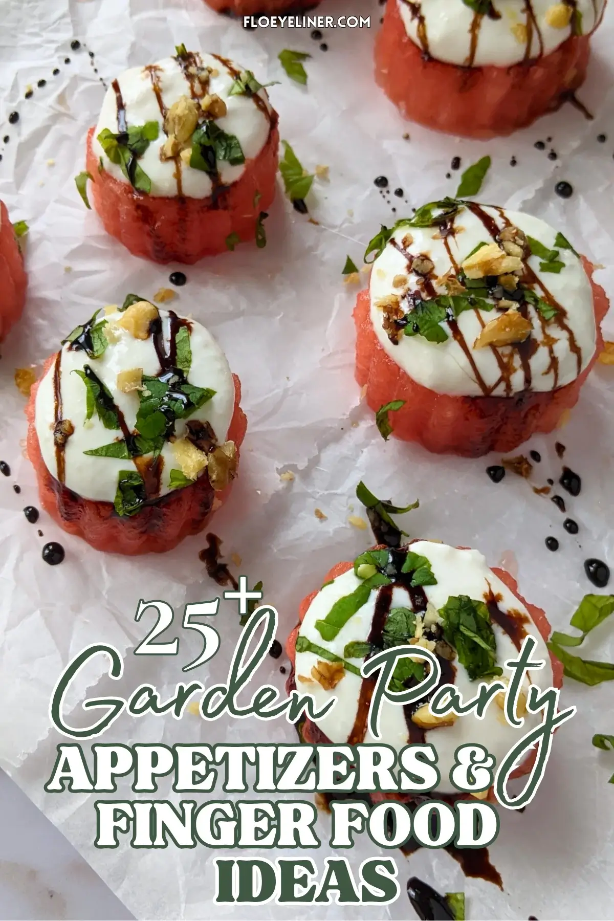 Watermelon Goat Cheese Appetizers - fresh watermelon bites topped with a whipped goat cheese-Greek yogurt cream, served with balsamic glaze, fresh mint, and crushed walnuts.