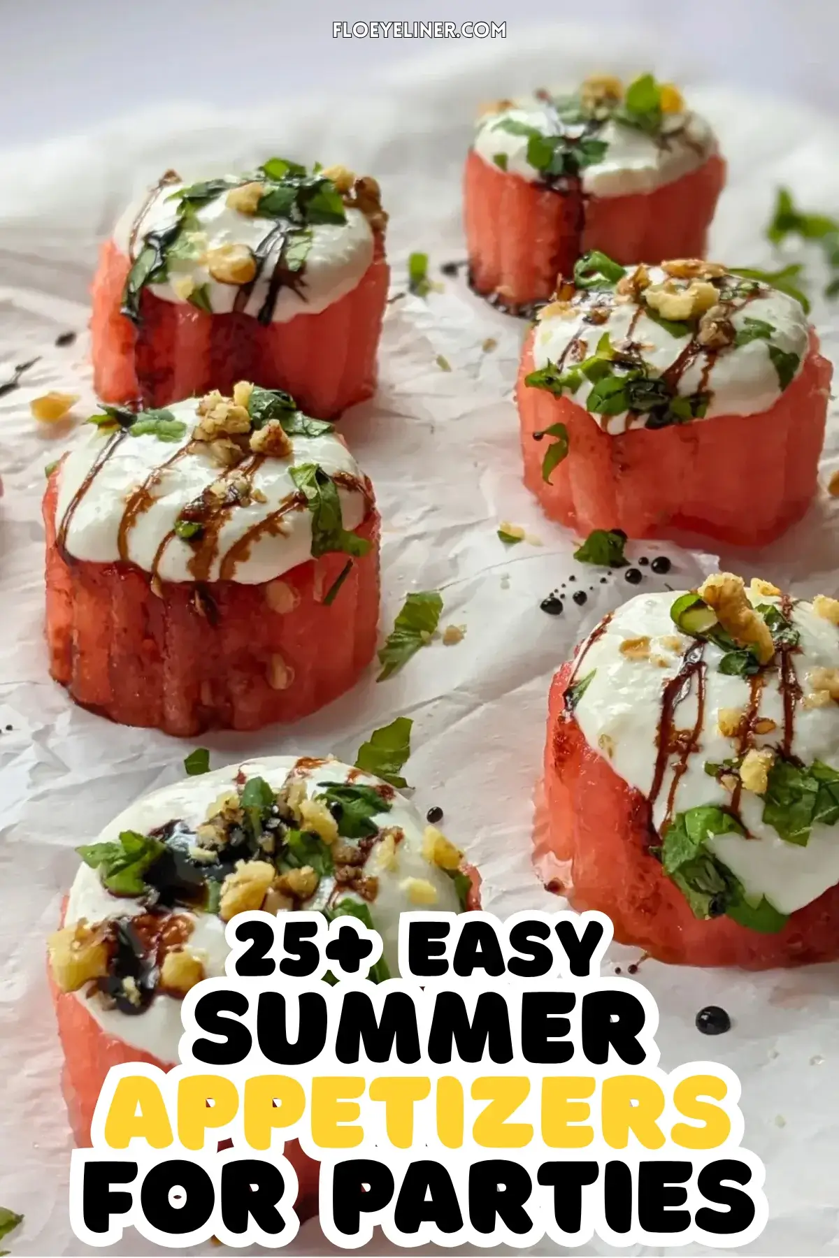 Watermelon Goat Cheese Appetizers - fresh watermelon bites topped with a whipped goat cheese-Greek yogurt cream, served with balsamic glaze, fresh mint, and crushed walnuts.