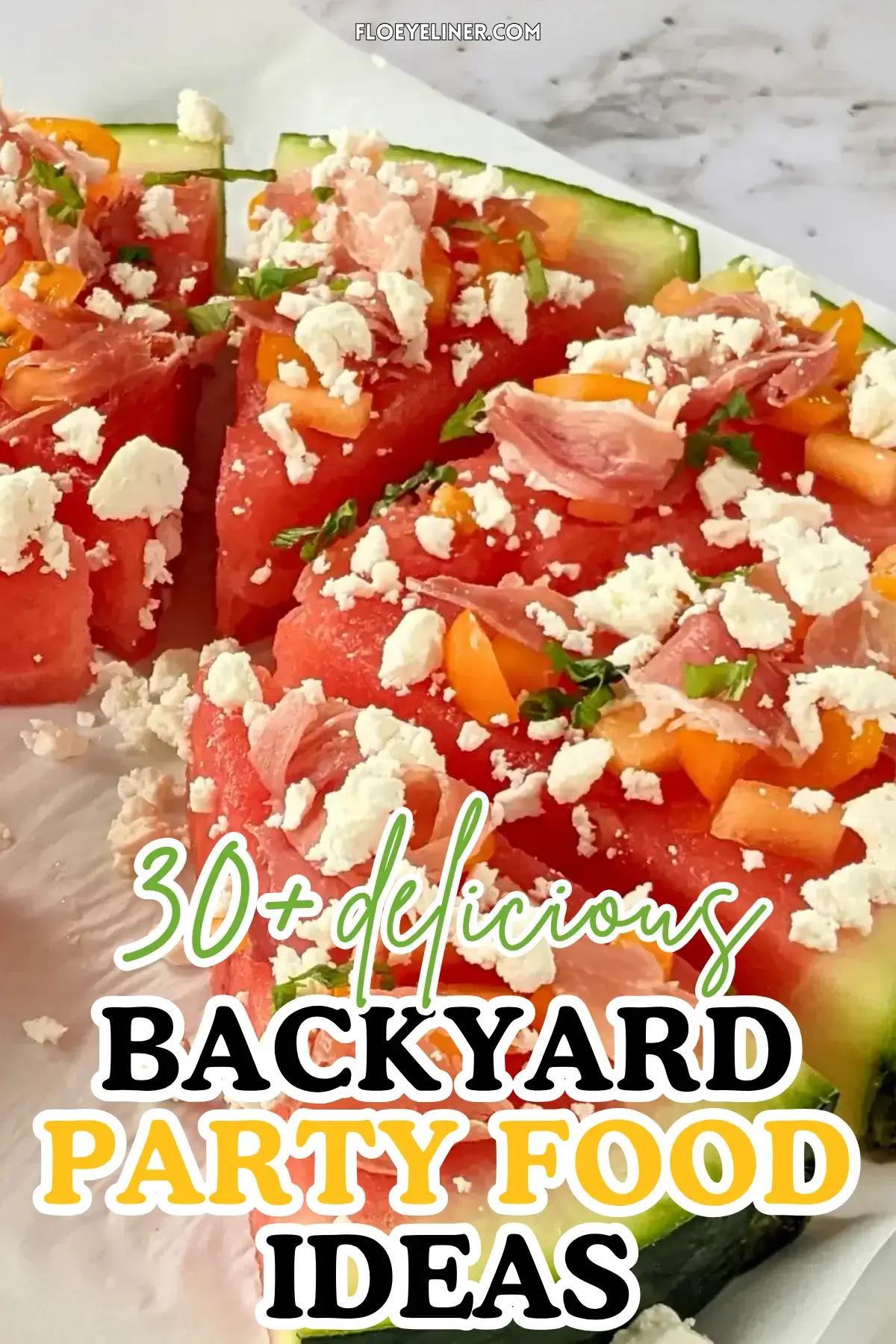 Watermelon Pizza with Melon, Prosciutto, and Feta - savory watermelon pizza appetizer or snack on a base of a fresh watermelon slice, topped with torn prosciutto pieces, pieces of melon, crumbled feta, and shredded fresh basil.