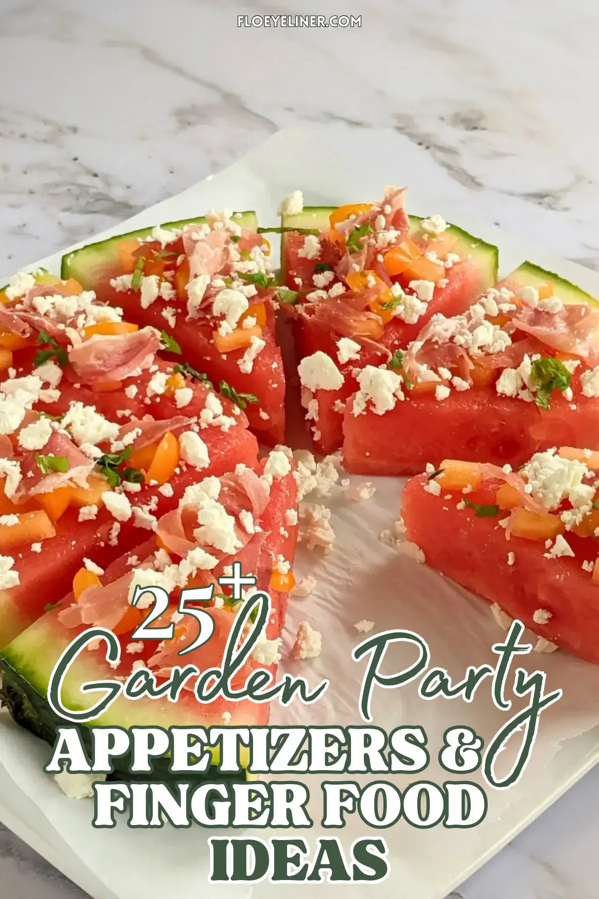 Watermelon Pizza with Melon, Prosciutto, and Feta - savory watermelon pizza appetizer or snack on a base of a fresh watermelon slice, topped with torn prosciutto pieces, pieces of melon, crumbled feta, and shredded fresh basil.