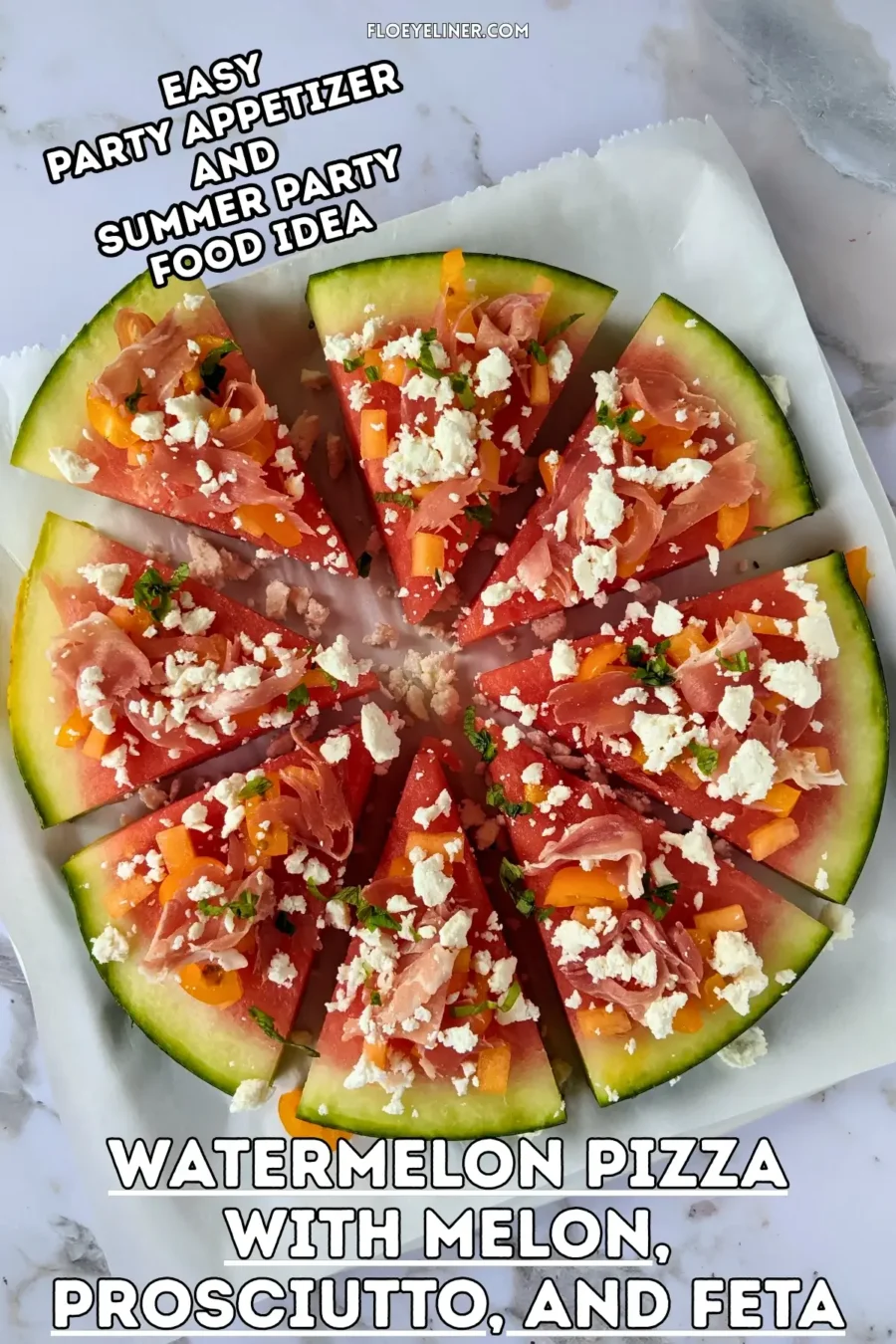Watermelon Pizza with Melon, Prosciutto, and Feta - savory watermelon pizza appetizer or snack on a base of a fresh watermelon slice, topped with torn prosciutto pieces, pieces of melon, crumbled feta, and shredded fresh basil.