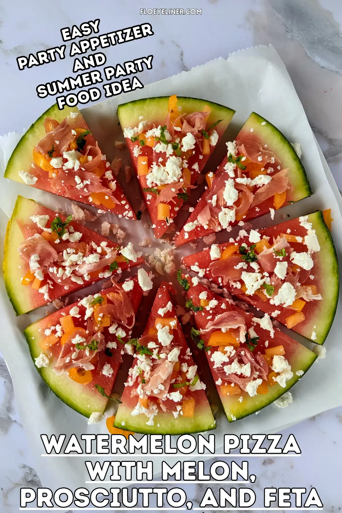 Watermelon Pizza with Melon, Prosciutto, and Feta - savory watermelon pizza appetizer or snack on a base of a fresh watermelon slice, topped with torn prosciutto pieces, pieces of melon, crumbled feta, and shredded fresh basil.