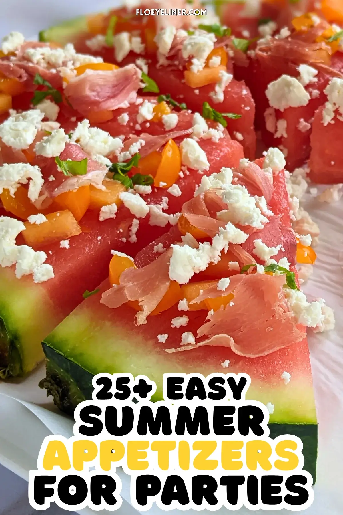 Watermelon Pizza with Melon, Prosciutto, and Feta - savory watermelon pizza appetizer or snack on a base of a fresh watermelon slice, topped with torn prosciutto pieces, pieces of melon, crumbled feta, and shredded fresh basil.