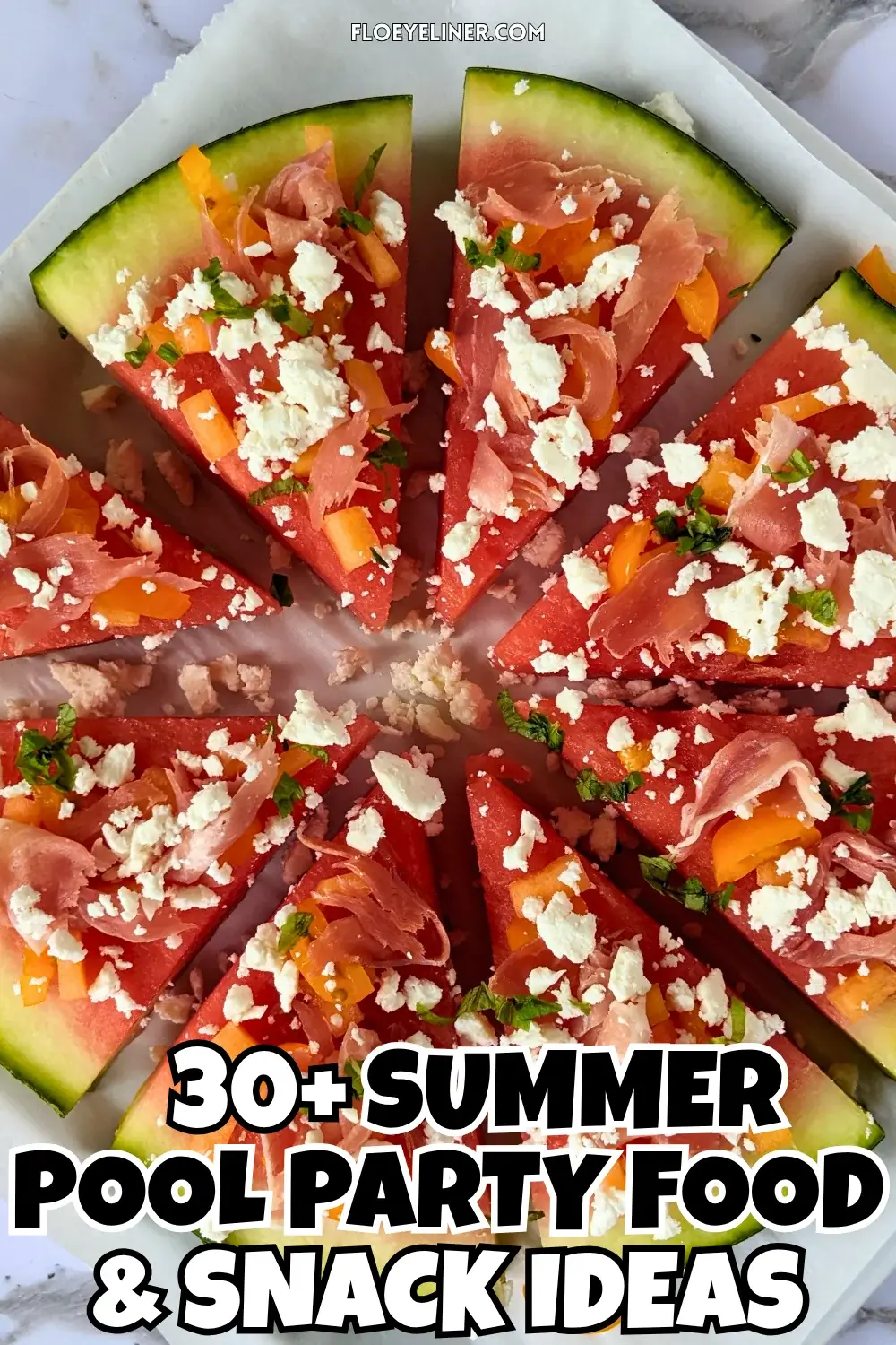 Watermelon Pizza with Melon, Prosciutto, and Feta - savory watermelon pizza appetizer or snack on a base of a fresh watermelon slice, topped with torn prosciutto pieces, pieces of melon, crumbled feta, and shredded fresh basil.