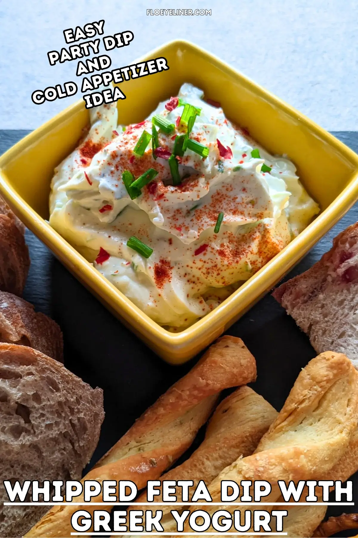 Whipped Feta Dip With Greek Yogurt - easy feta dip made with whipped feta and Greek yogurt, served with toast, pretzels, crackers and puff pastry sticks.