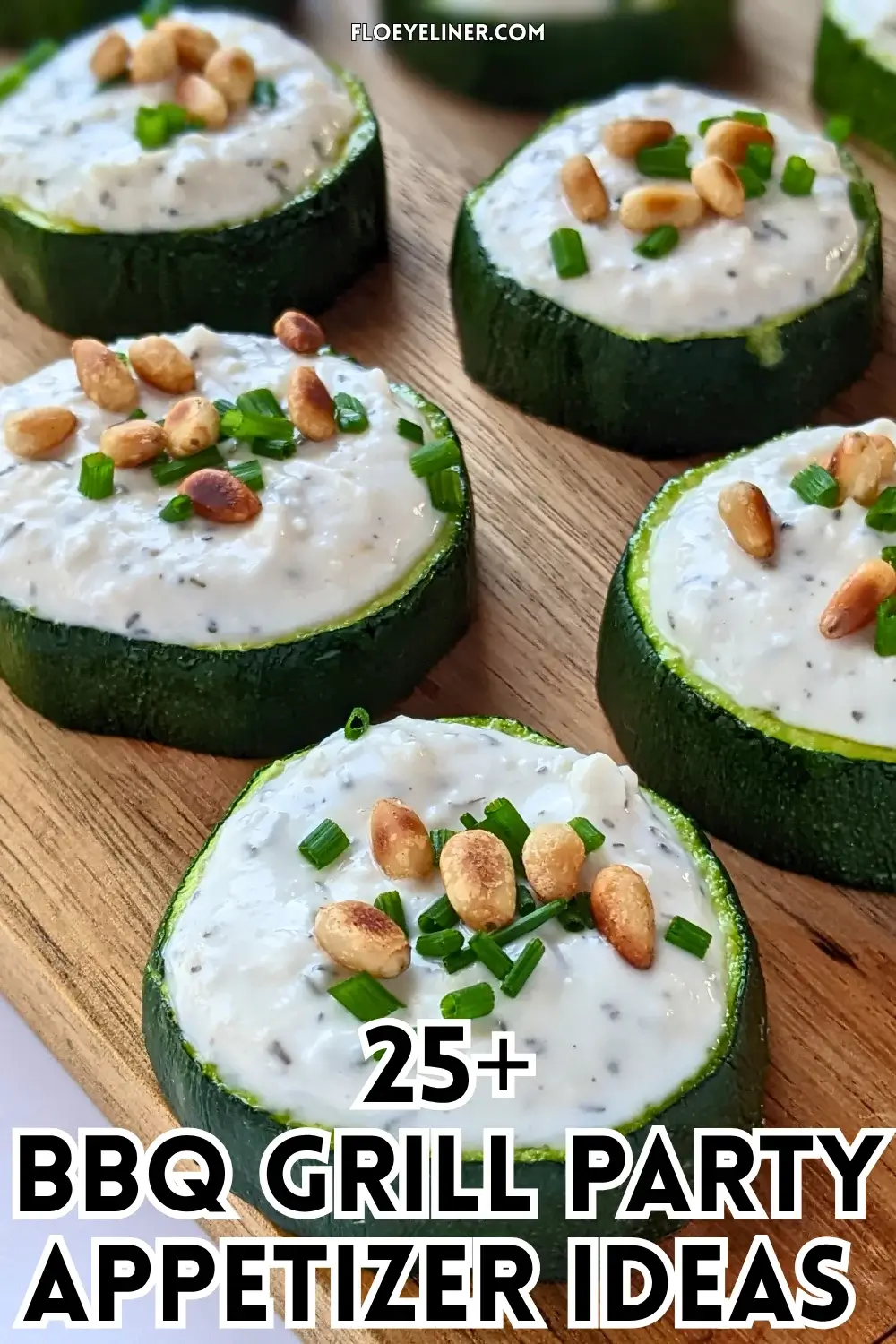 Baked Zucchini Rounds Appetizers With Goat Cheese - oven-baked zucchini rounds topped with a creamy goat cheese-Greek yogurt spread, toasted pine nuts, and fresh chives