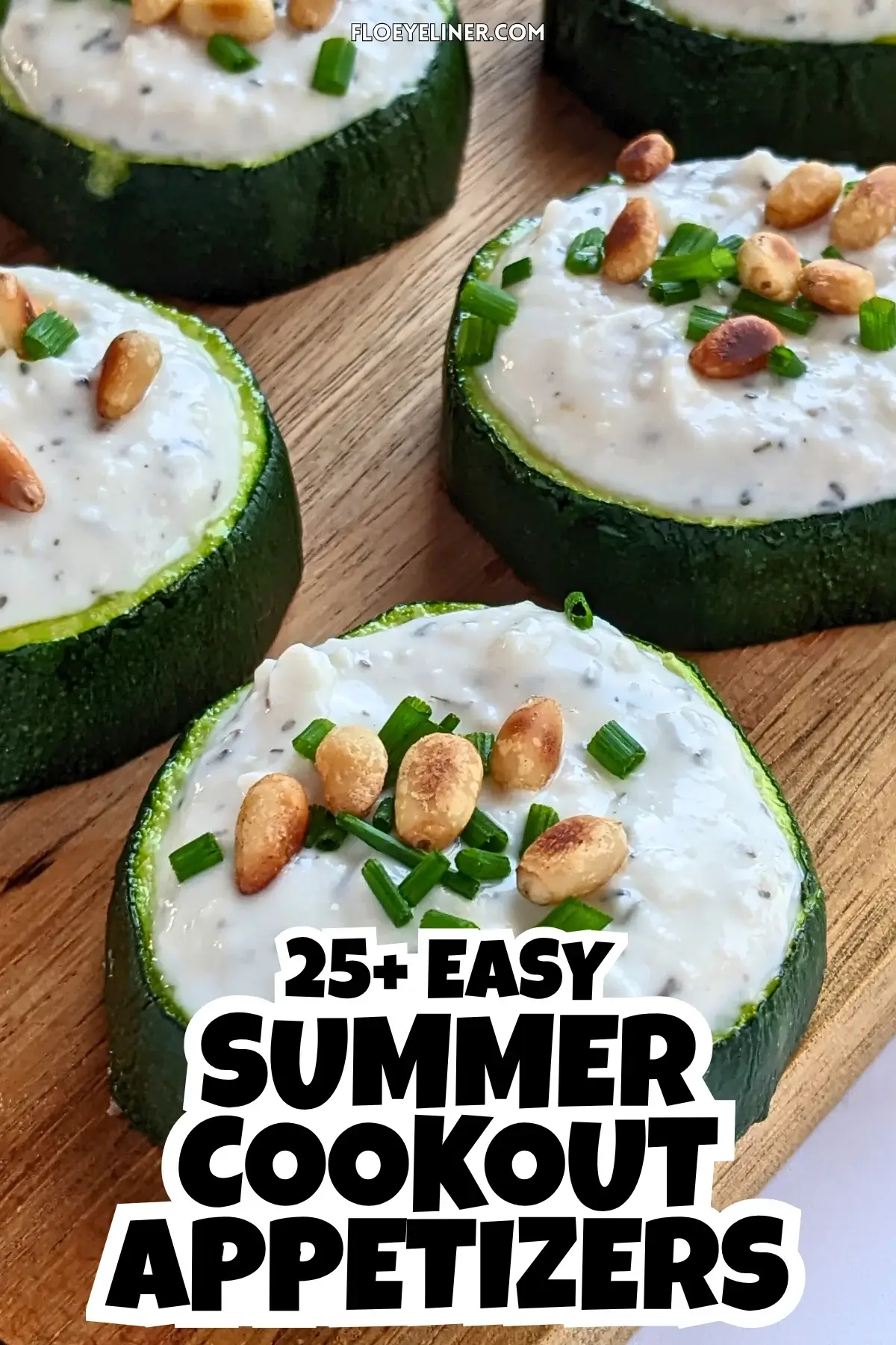 Baked Zucchini Rounds Appetizers With Goat Cheese - oven-baked zucchini rounds topped with a creamy goat cheese-Greek yogurt spread, toasted pine nuts, and fresh chives