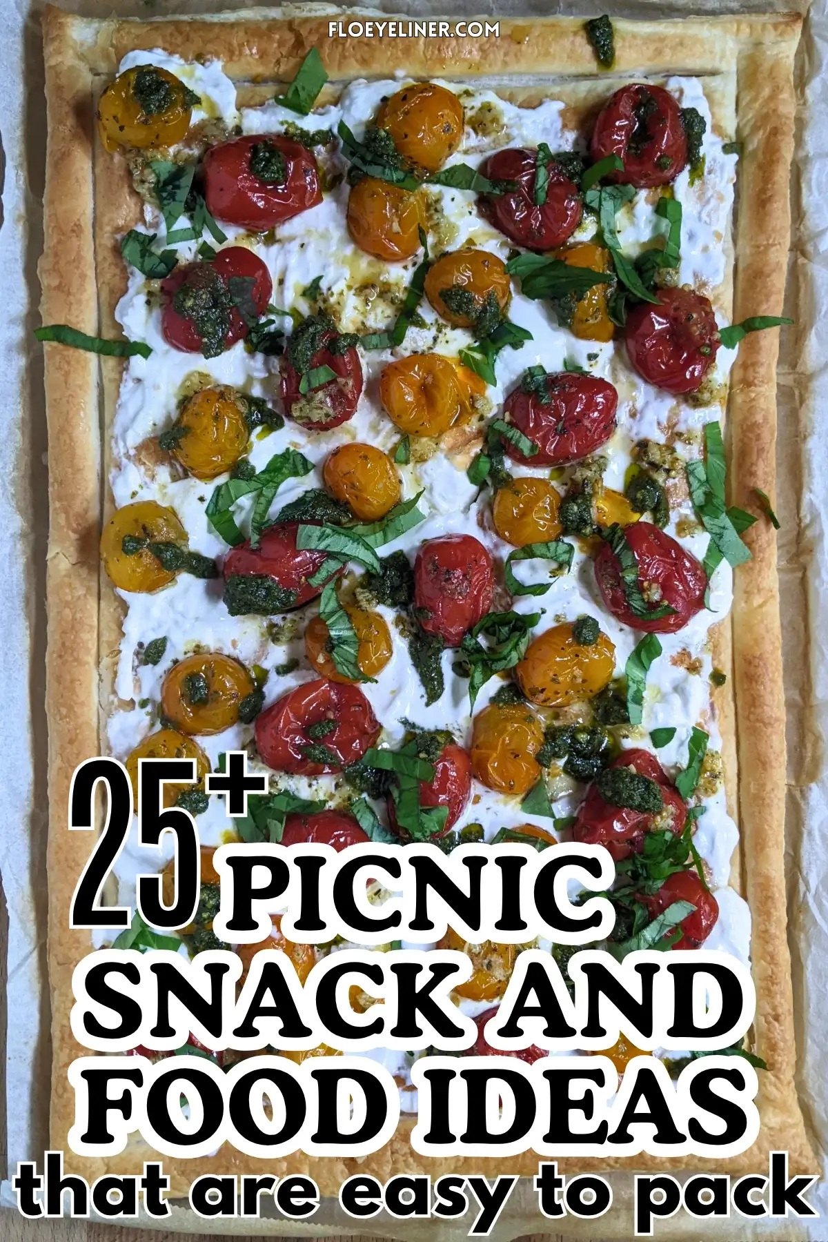Cherry Tomato And Burrata Appetizer With Puff Pastry - Cherry tomato and burrata tart made with puff pastry, pesto, and fresh shredded basil, cut into individual servings.