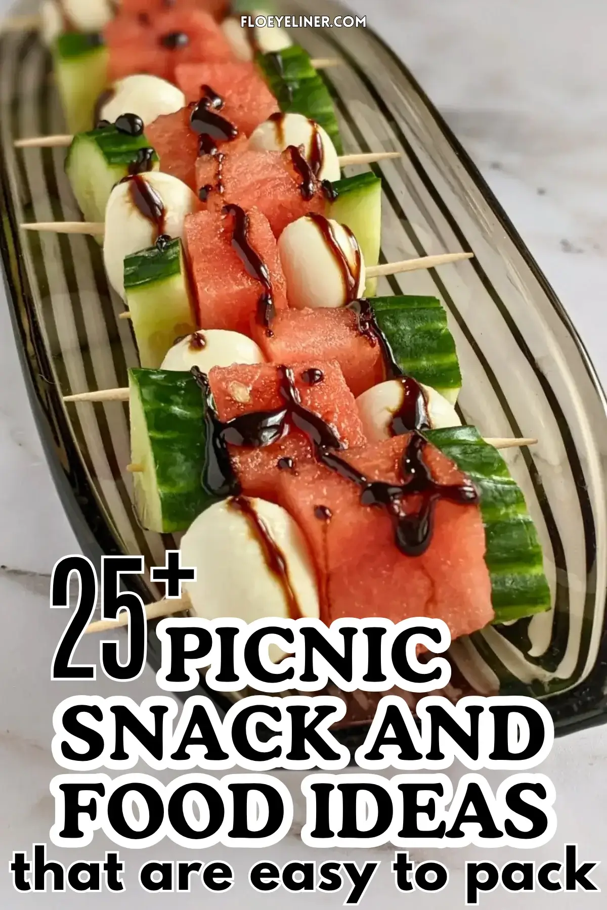 Cucumber Mozzarella Watermelon Appetizer Bites - fruit and cheese skewers made with cubes of watermelon and cucumber on toothpicks, paired with mini mozzarella balls and drizzled with balsamic glaze.