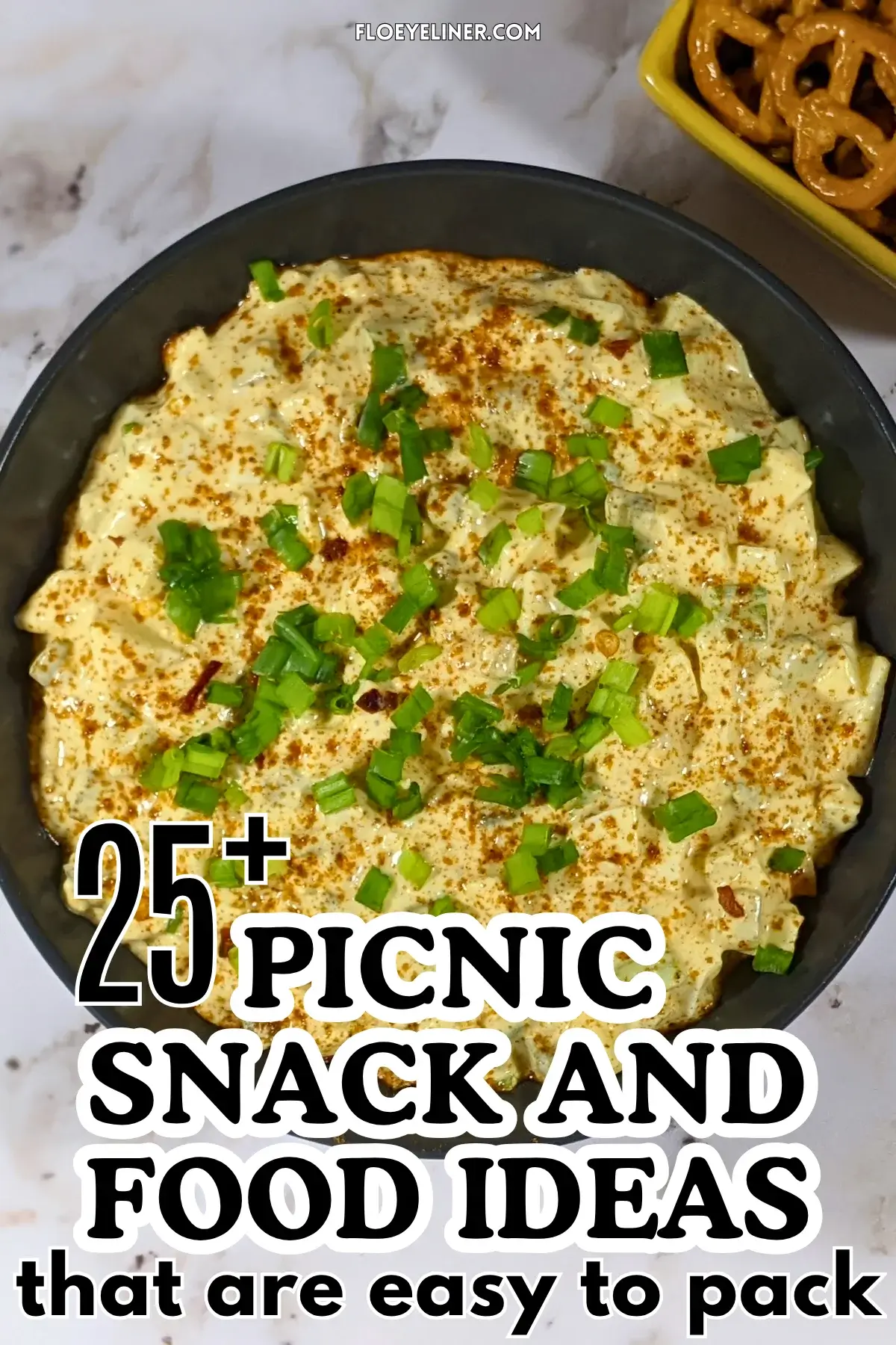 Deviled Egg Dip - party dip made with a creamy blend of mashed hard-boiled eggs, mayonnaise, mustard, seasonings like salt, pepper, and paprika, and topped with chopped green onion, served with pretzels and toasted bread.