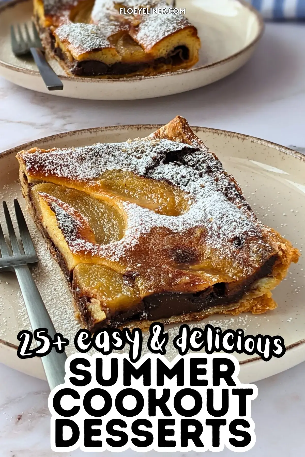 French Chocolate Tart With Pears - easy sweet dessert tart made with puff pastry, buttery melted dark chocolate, and topped with canned pears, sprinkled with powdered sugar for garnish.