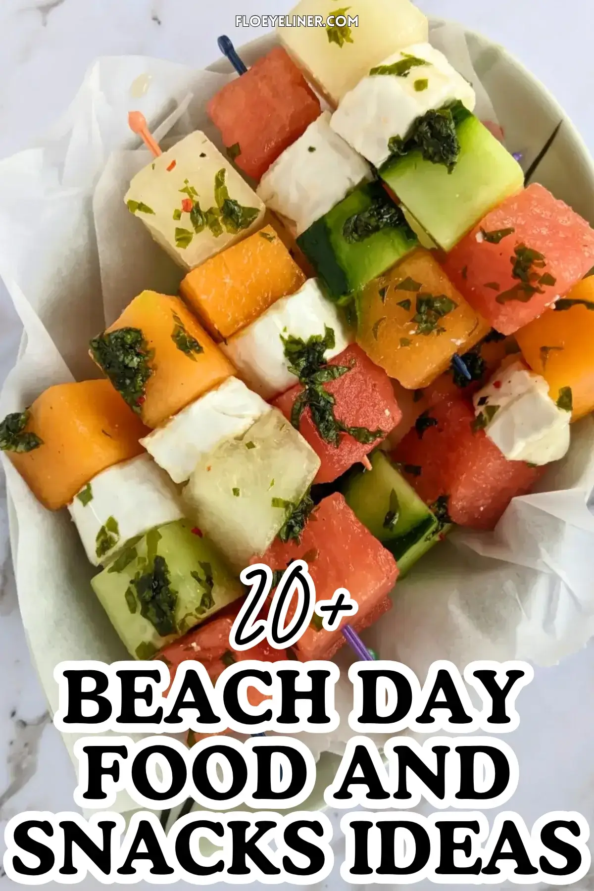 Goat Cheese Toothpick Appetizers With Melon, Watermelon, and Cucumber - colorful fruit and cheese skewers made with cubes of melon, watermelon, cucumber, and goat cheese, drizzled with a spicy mint vinaigrette.