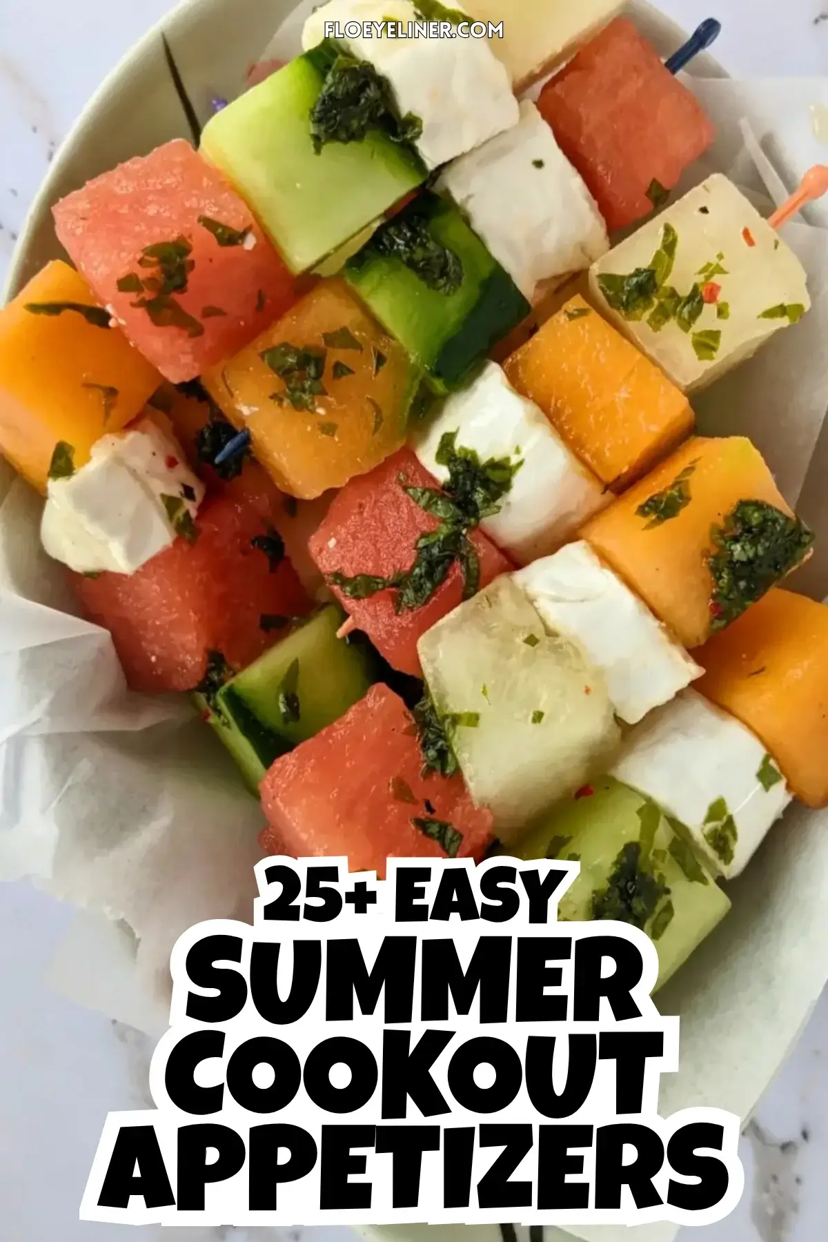 Goat Cheese Toothpick Appetizers With Melon, Watermelon, and Cucumber - colorful fruit and cheese skewers made with cubes of melon, watermelon, cucumber, and goat cheese, drizzled with a spicy mint vinaigrette.