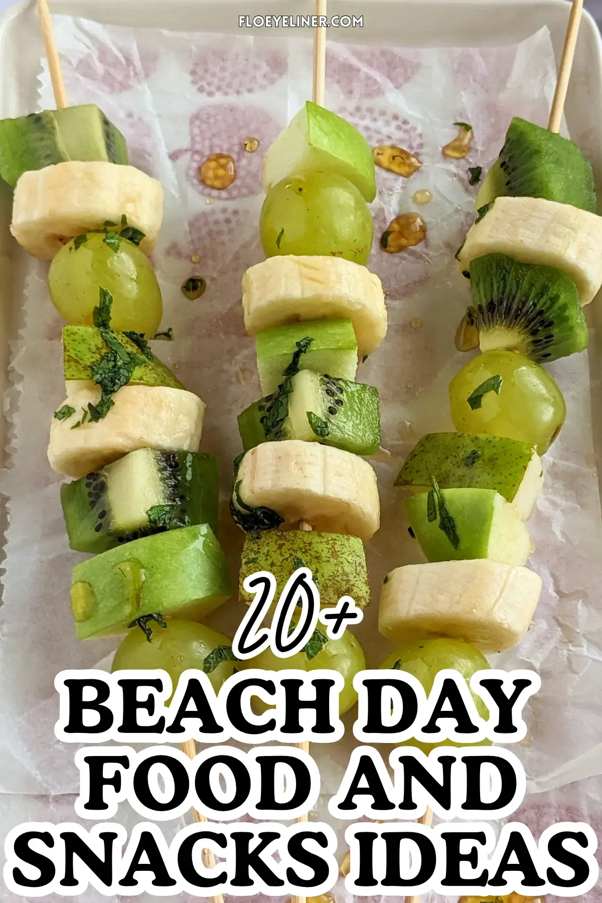 Green Fruit Kabobs - fruit skewers made with chunks of green fruits like kiwi, grapes, green apple, and green pear, plus chunks of bananas, drizzled with a fresh mint, lime juice, and maple sryup sauce.