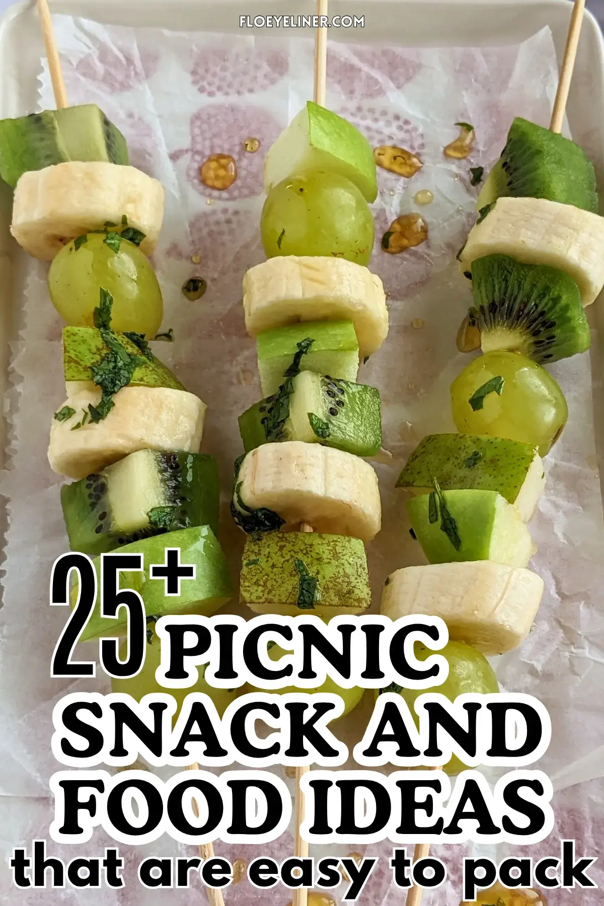 Green Fruit Kabobs - fruit skewers made with chunks of green fruits like kiwi, grapes, green apple, and green pear, plus chunks of bananas, drizzled with a fresh mint, lime juice, and maple sryup sauce.