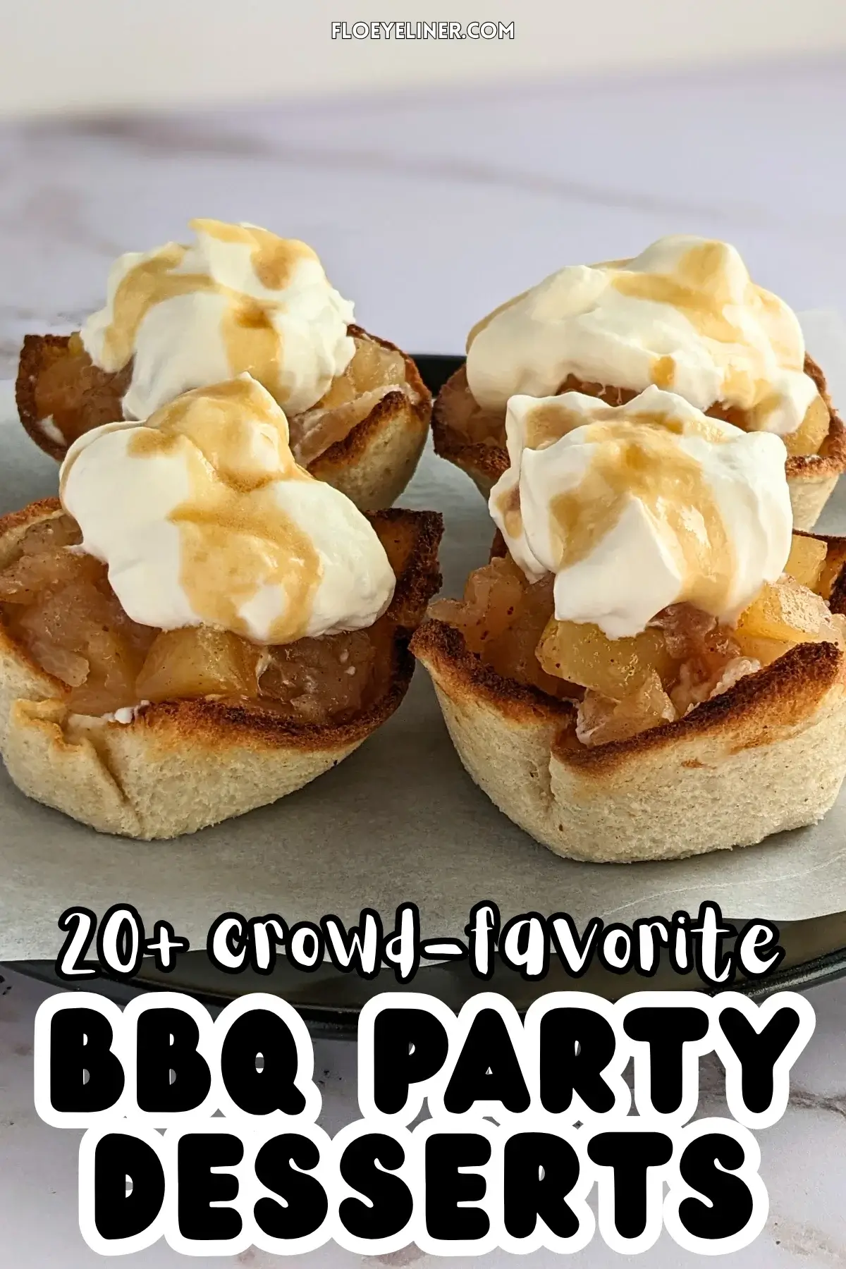Homemade apple sauce dessert toast cups with whipped cream - Toasted bread cups filled with creamy ricotta, applesauce and finished with a swirl of whipped cream.