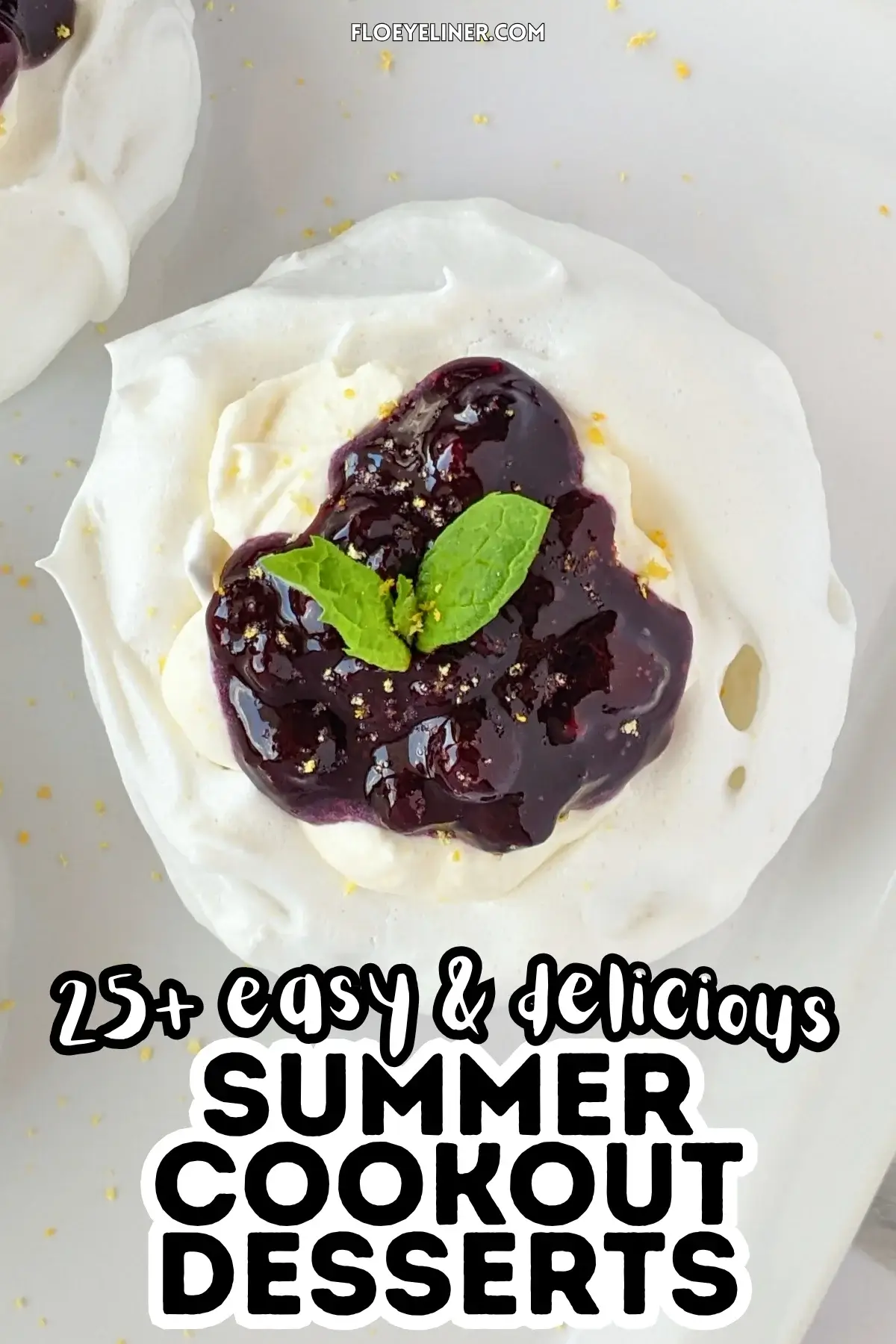 Lemon Blueberry Mini Pavlovas With Cheesecake Filling - mini pavlova nests filled with homemade lemon blueberry jam and a lemony cheesecake filling, topped with more blueberry jam and lemon zest for garnish.