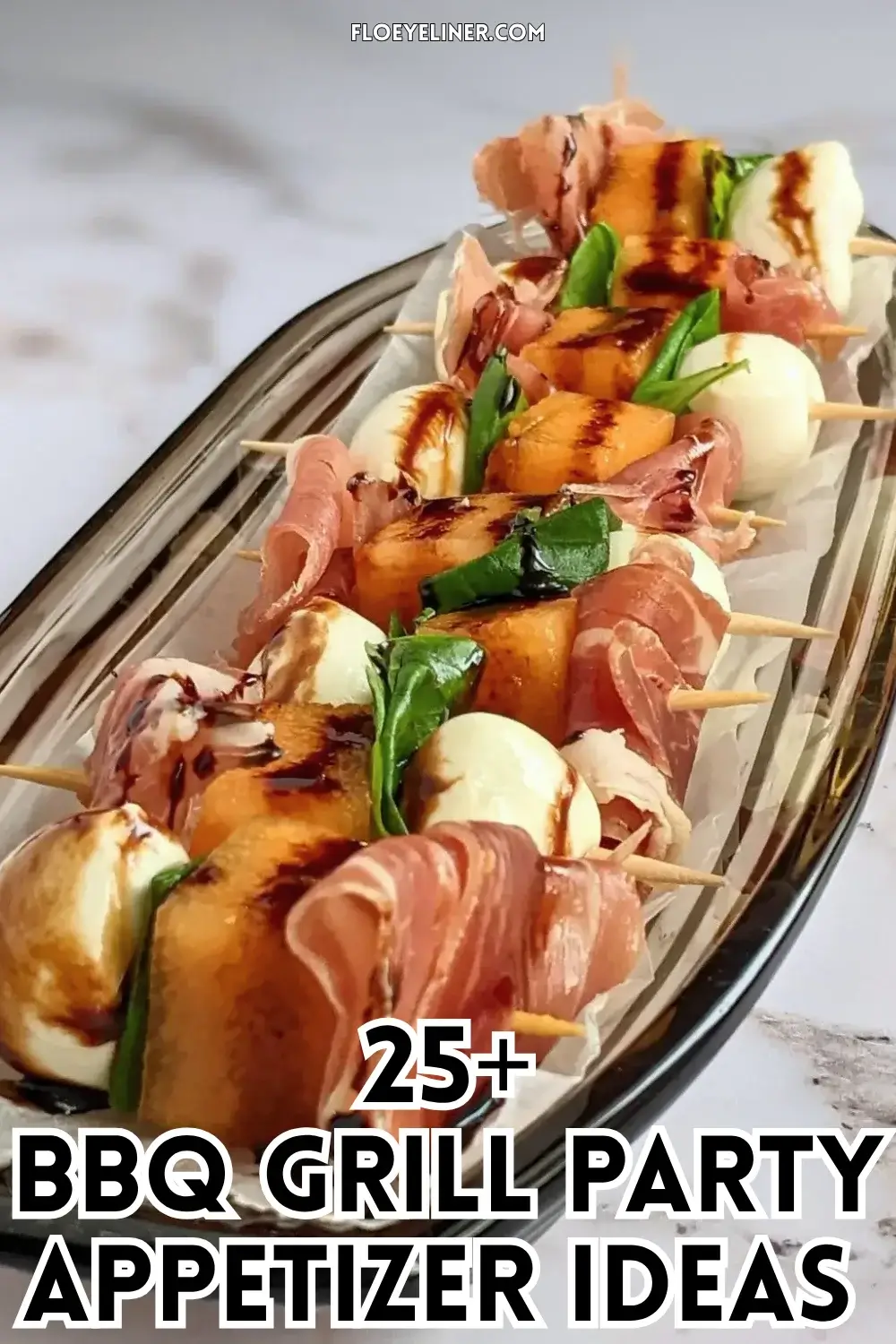 Melon Prosciutto Mozzarella Skewers With Balsamic Glaze - easy toothpick appetizers and finger foods made with melon, prosciutto & mini mozzarella balls, topped with a balsamic glaze.